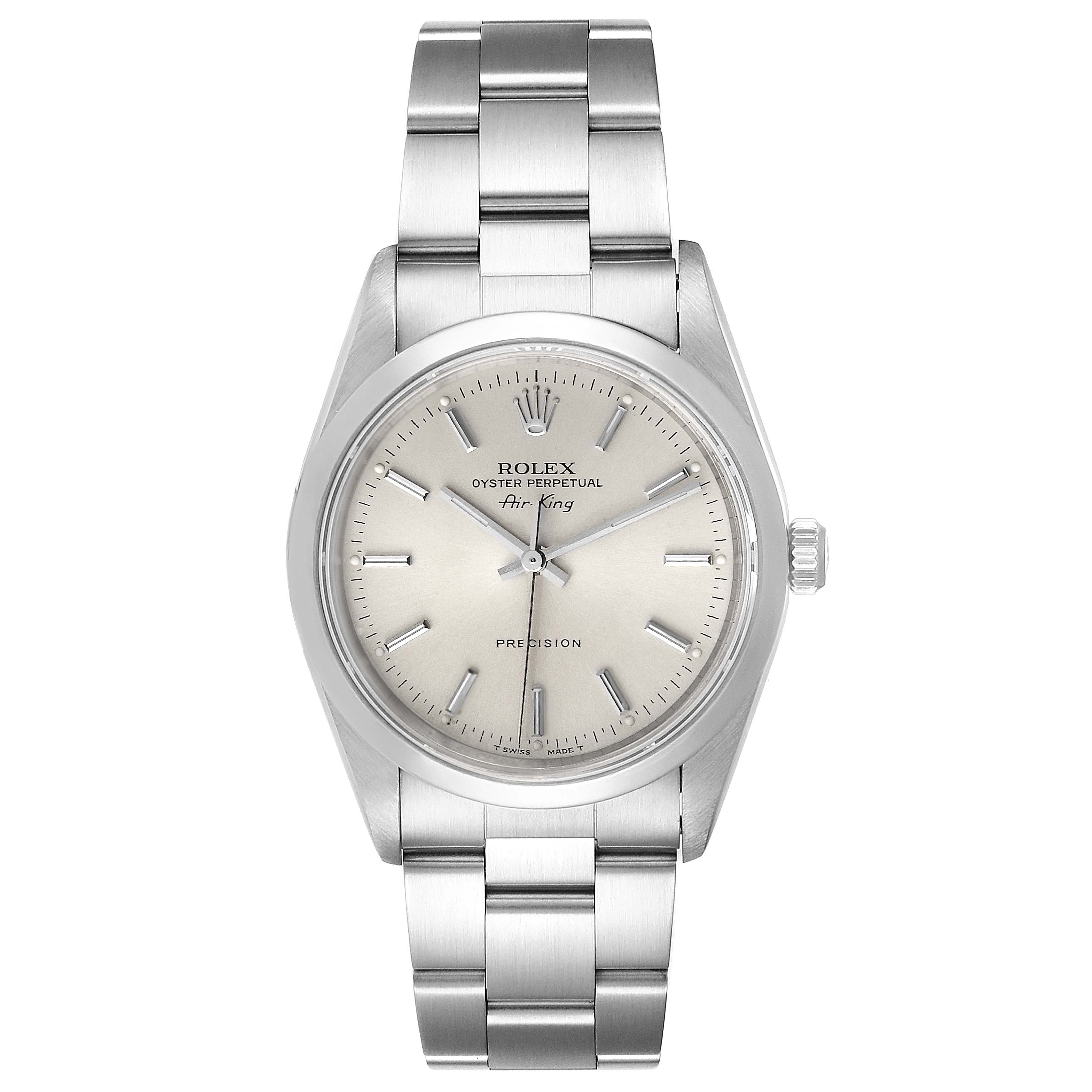 The image shows a front view of a Rolex Air-King 14000 Men's Stainless Steel Silver Dial 14000 Men's Stainless Steel Silver Dial watch, featuring its dial, case, bracelet, and crown.