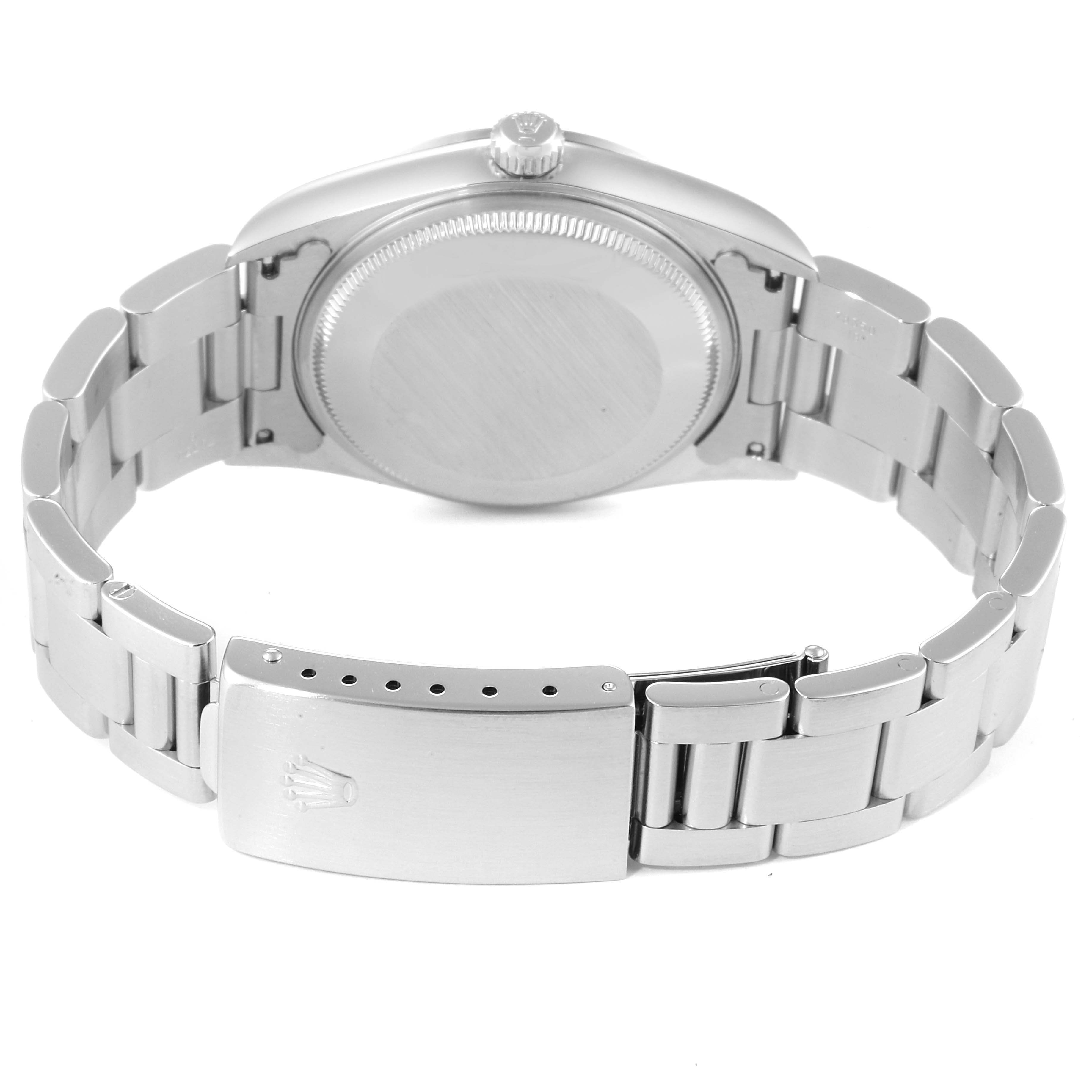 The image shows the back view of a Rolex Air-King 14000 Men's Stainless Steel Silver Dial 14000 Men's Stainless Steel Silver Dial watch, highlighting the clasp, bracelet, and case back.
