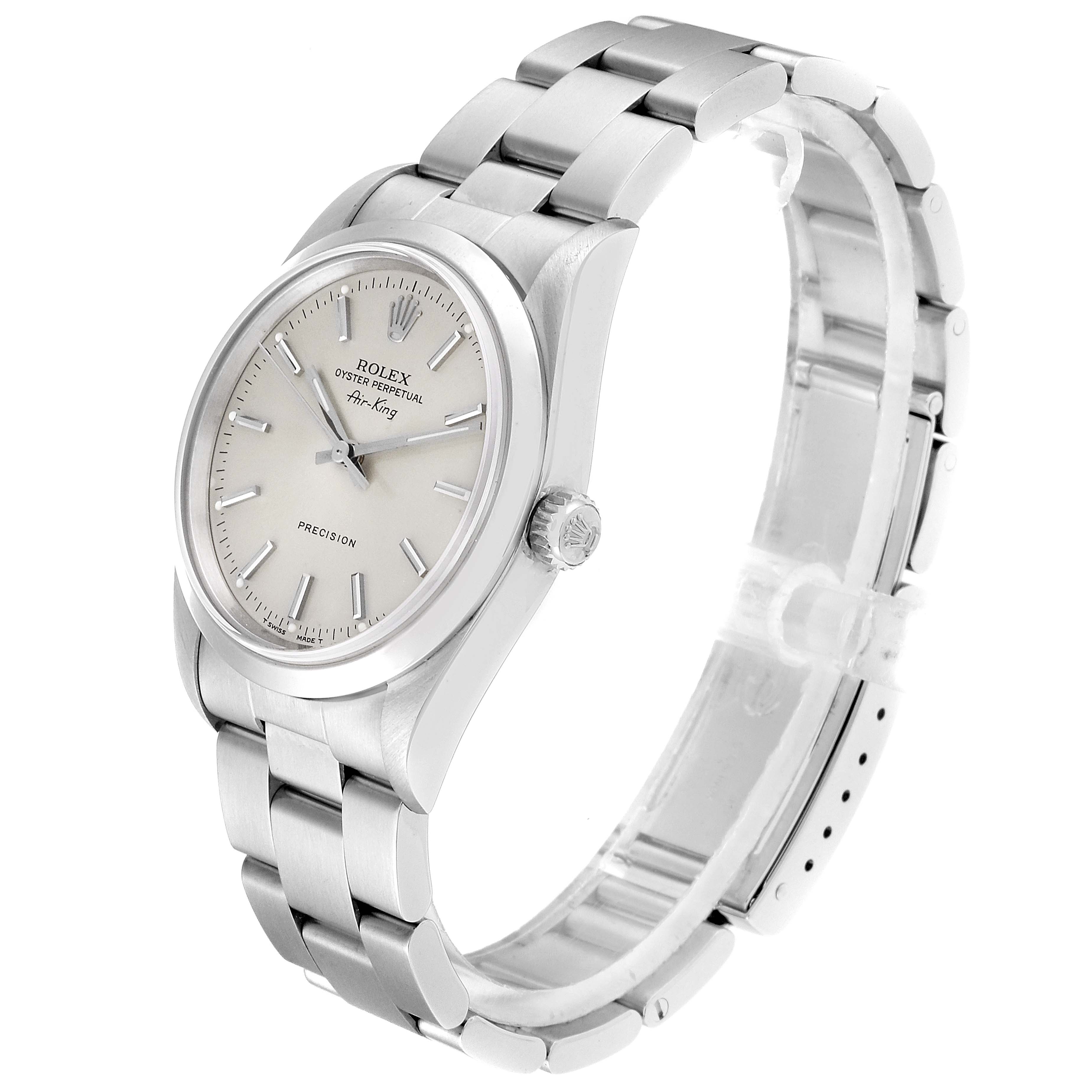 The Rolex Air-King 14000 Men's Stainless Steel Silver Dial 14000 Men's Stainless Steel Silver Dial watch is shown at a slight angle, displaying the face, bezel, crown, and part of the bracelet.