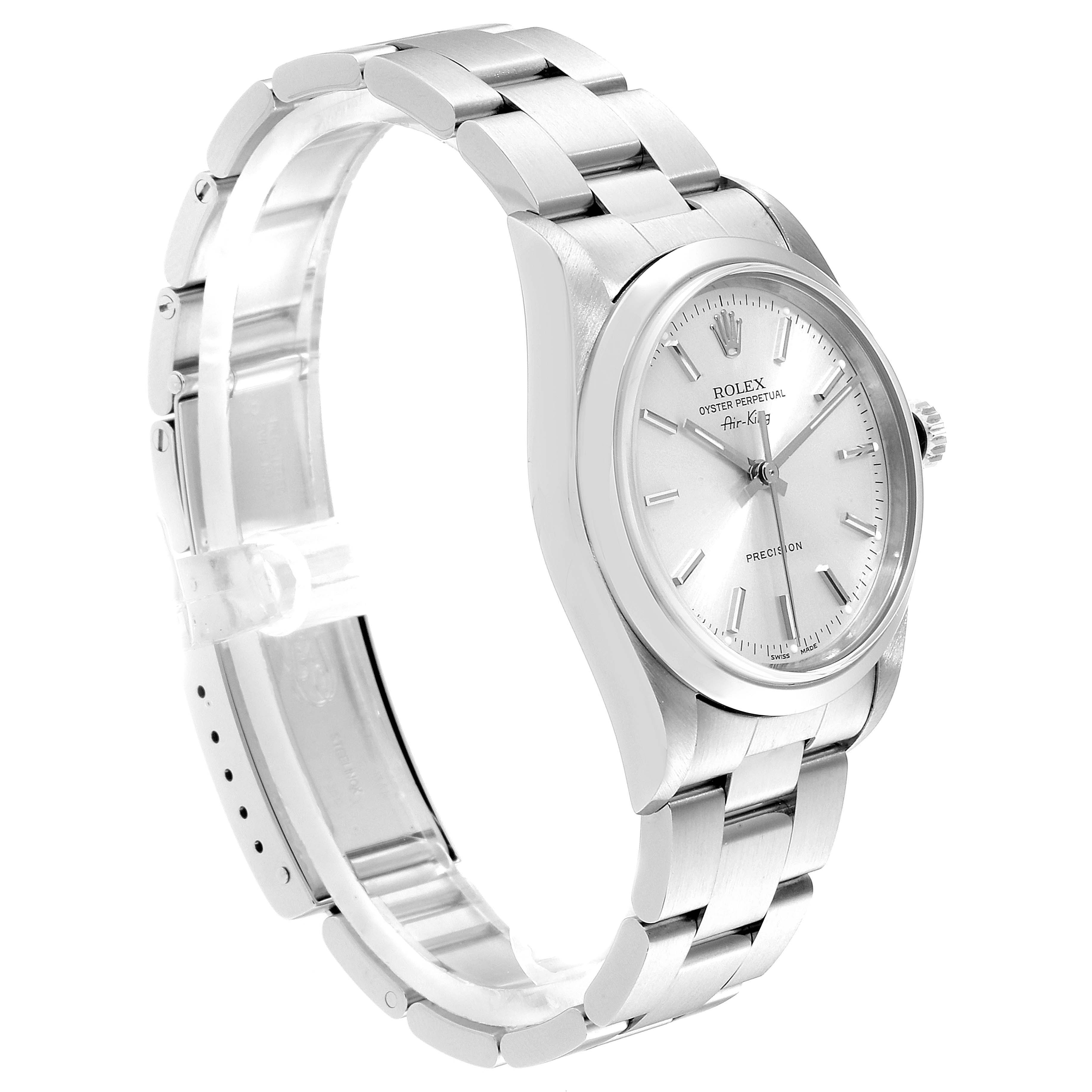 This Rolex Air-King 14000 Men's Stainless Steel Silver Dial 14000 Men's Stainless Steel Silver Dial watch is shown at a three-quarter angle highlighting the face, crown, and bracelet.