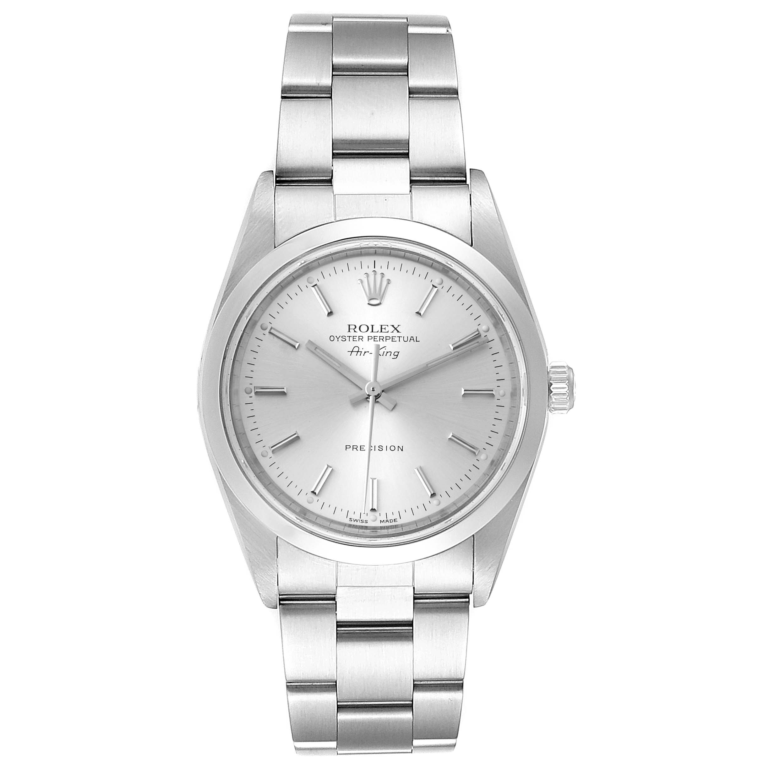 This image shows a Rolex Air-King 14000 Men's Stainless Steel Silver Dial 14000 Men's Stainless Steel Silver Dial watch from the front, displaying its stainless steel bracelet, case, and dial.