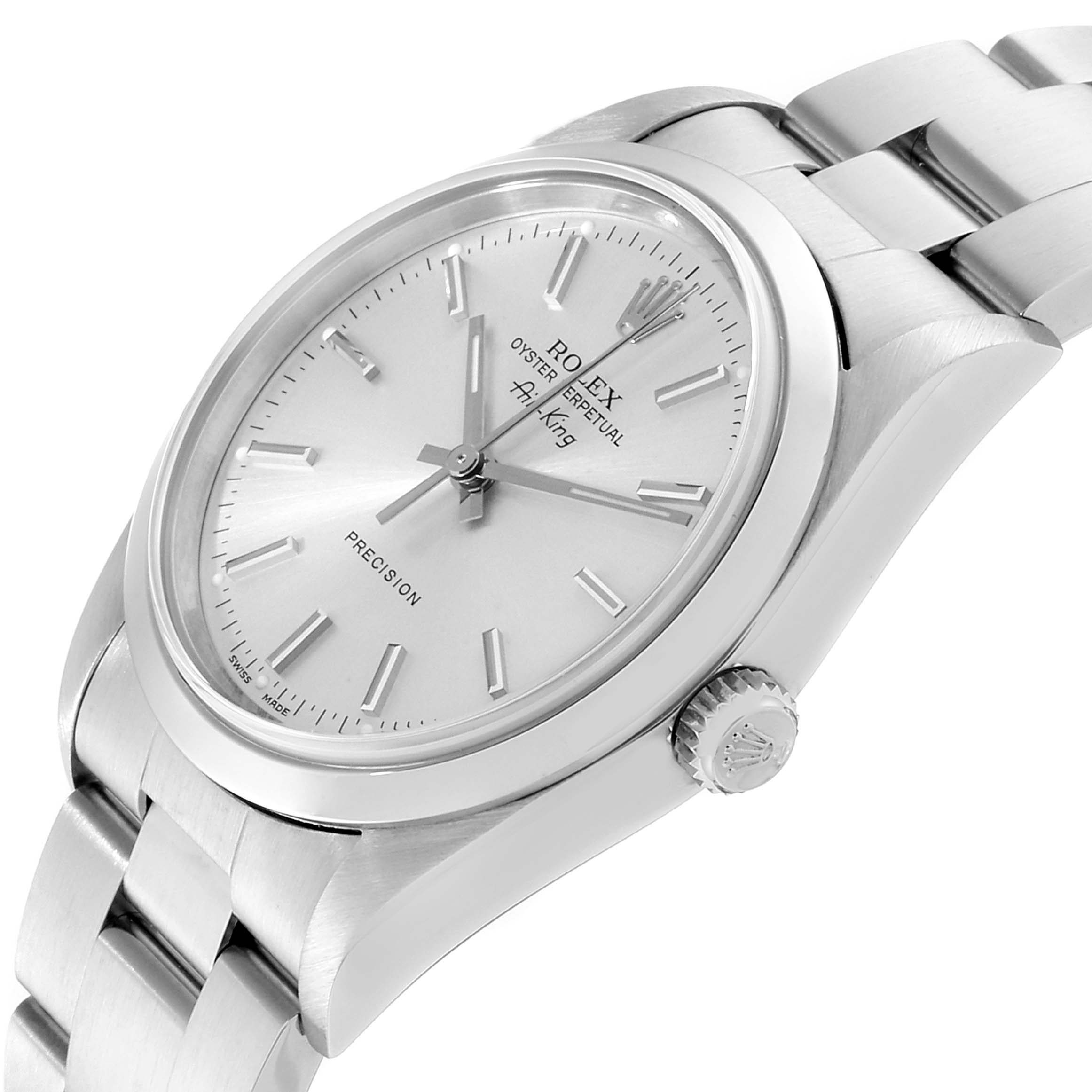 The image shows a side view of the Rolex Air-King 14000 Men's Stainless Steel Silver Dial 14000 Men's Stainless Steel Silver Dial watch, highlighting its dial, bezel, crown, and bracelet.