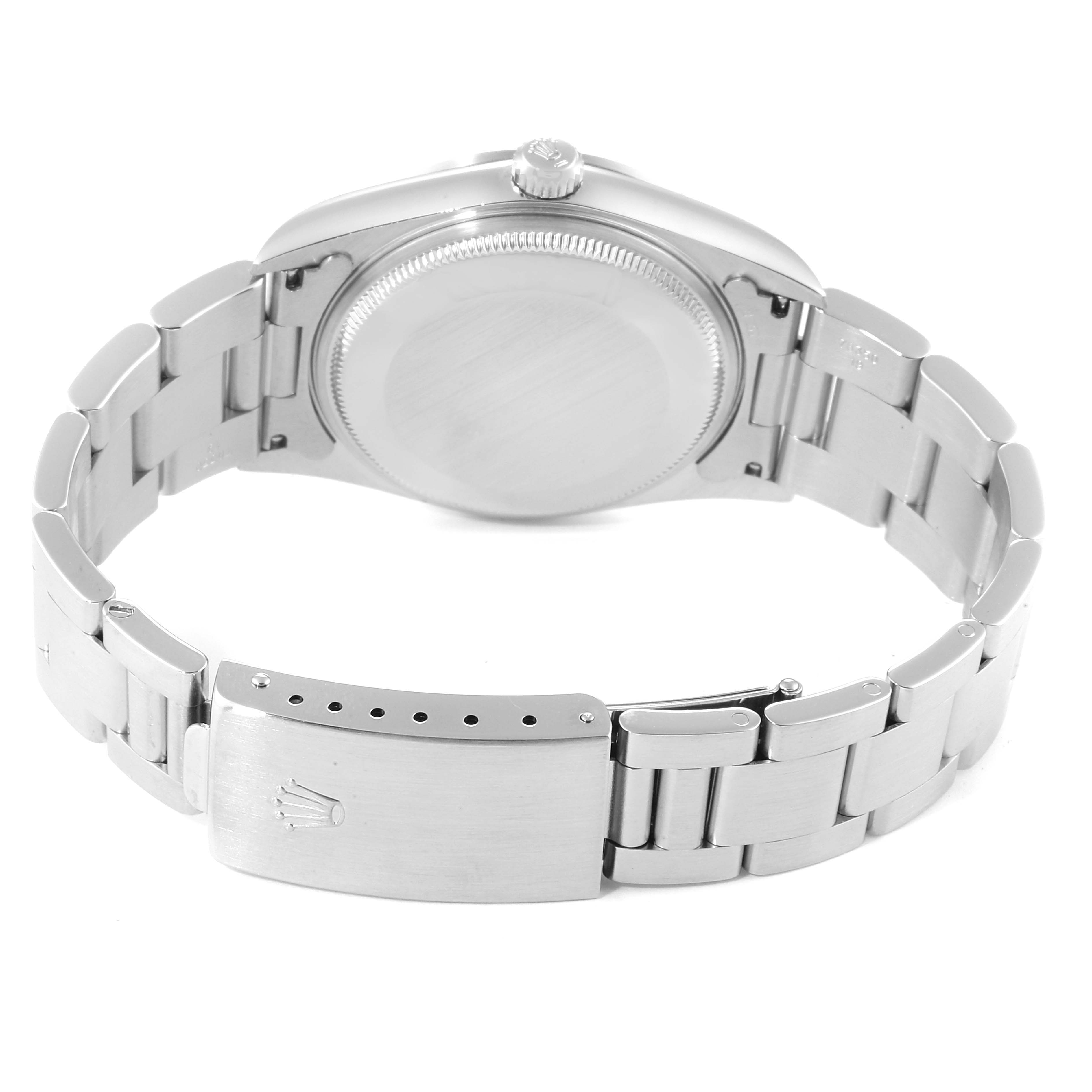 The image displays the back of the Rolex Air-King 14000 Men's Stainless Steel Silver Dial 14000 Men's Stainless Steel Silver Dial watch, detailing the case back and bracelet with clasp.