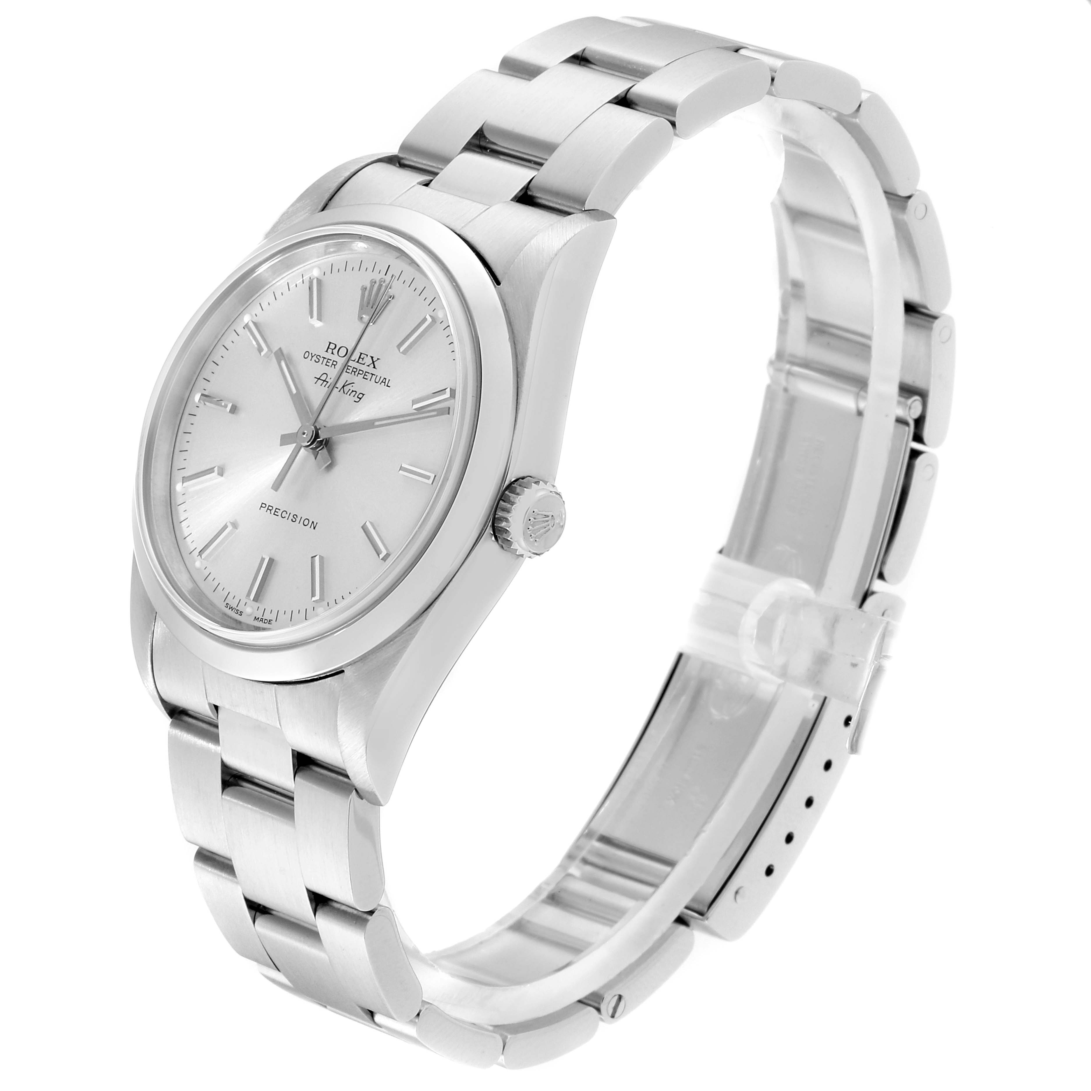 The Rolex Air-King 14000 Men's Stainless Steel Silver Dial 14000 Men's Stainless Steel Silver Dial watch is shown at a slight side angle, displaying the dial, crown, and stainless steel bracelet.