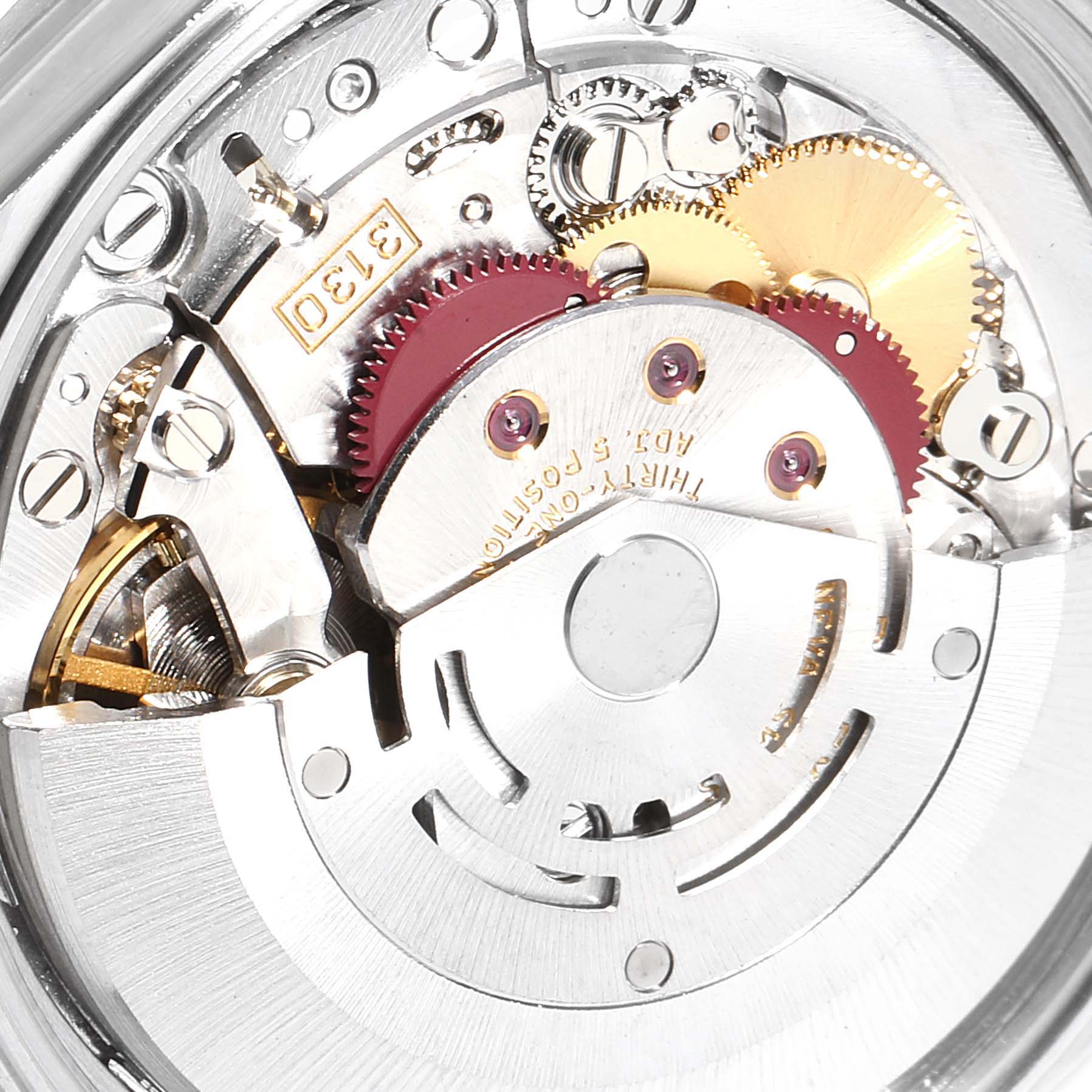 This image shows a close-up view of the internal mechanism of a Rolex Air-King 14000 Men's Stainless Steel Silver Dial 14000 Men's Stainless Steel Silver Dial watch.