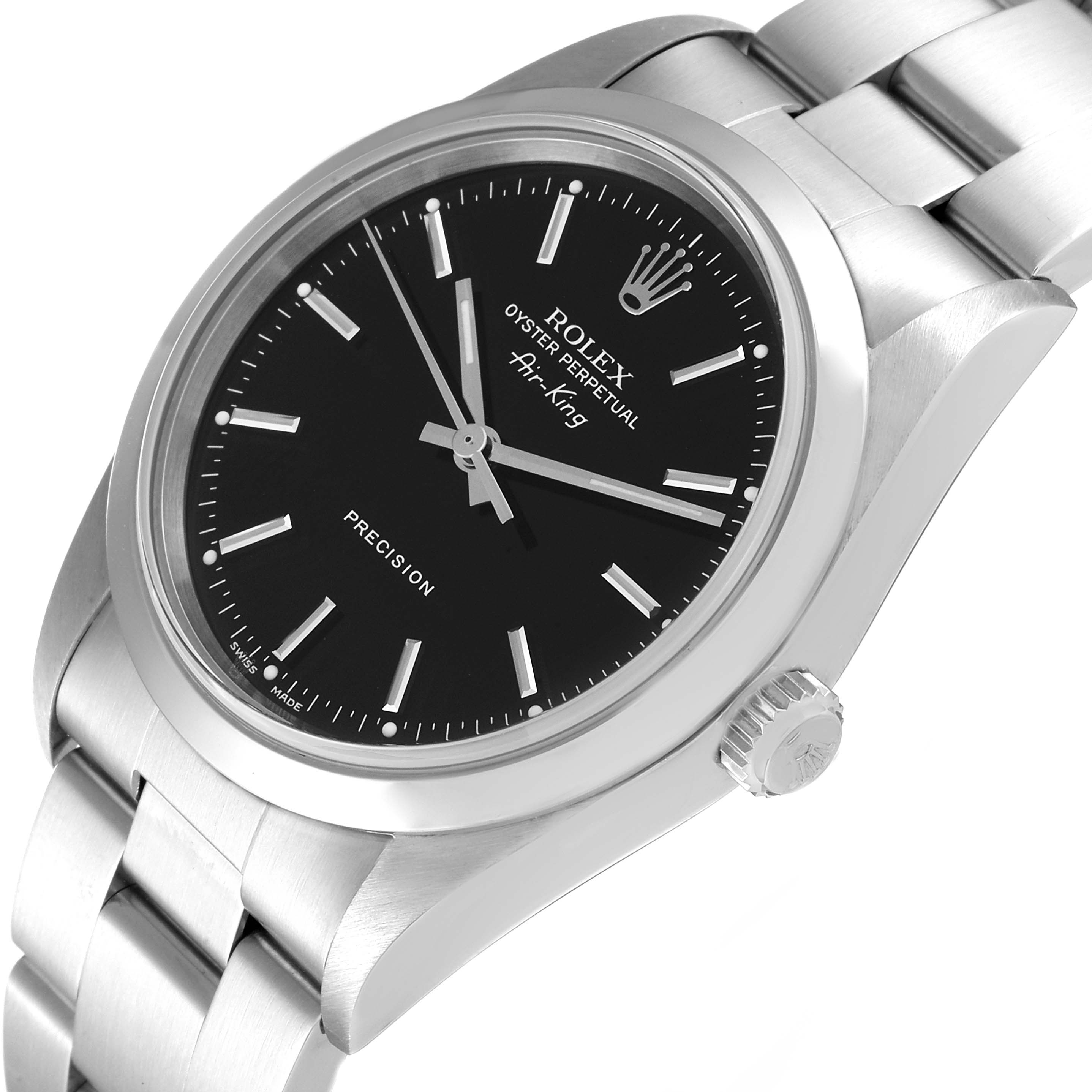 The image shows a Rolex Air-King 14000M Men's Stainless Steel Black Dial 14000M Men's Stainless Steel Black Dial watch angled slightly from the right, highlighting the face, bezel, crown, and part of the bracelet.