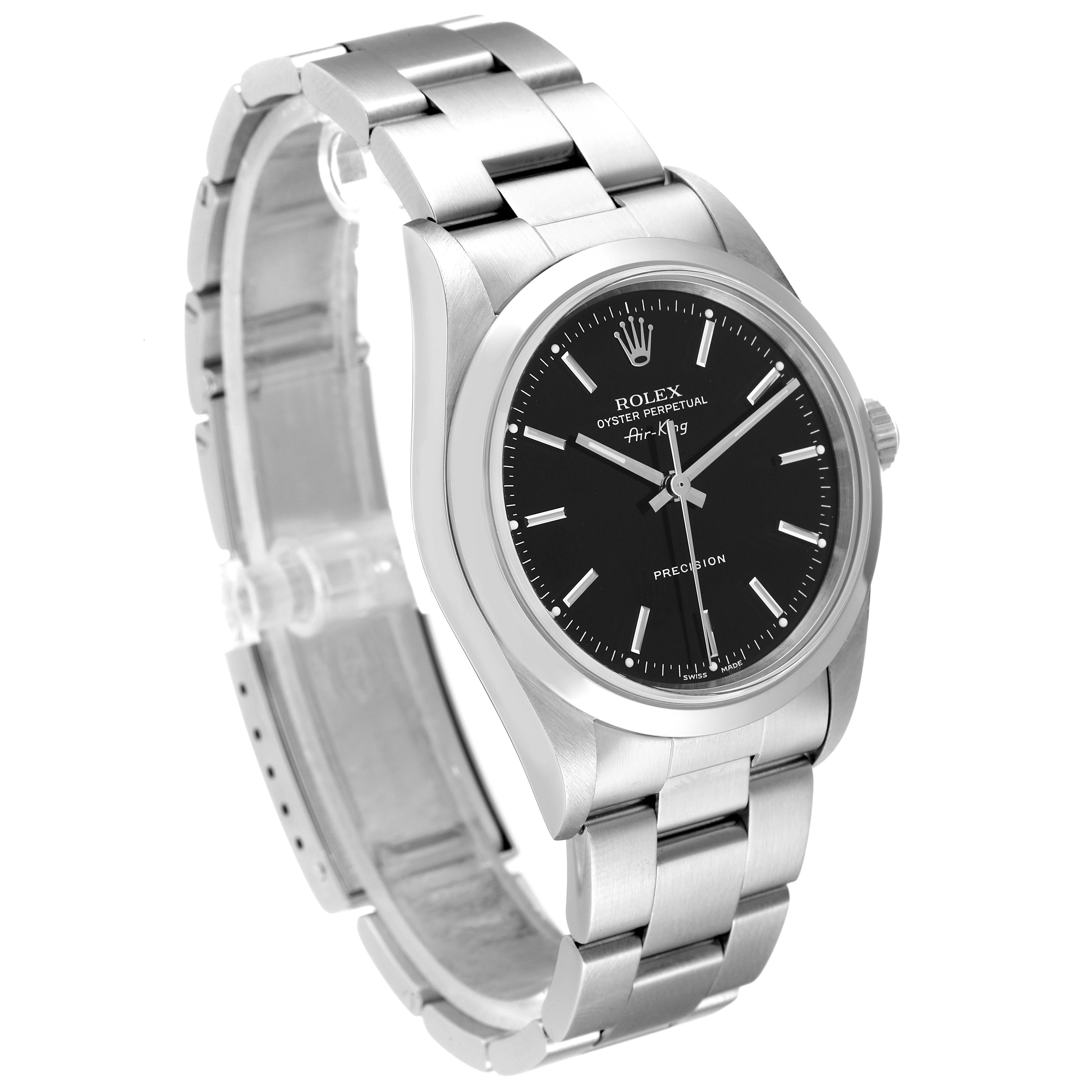 This is a Rolex Air-King 14000M Men's Stainless Steel Black Dial 14000M Men's Stainless Steel Black Dial watch shown at a slight angle, displaying the face, bezel, and bracelet.