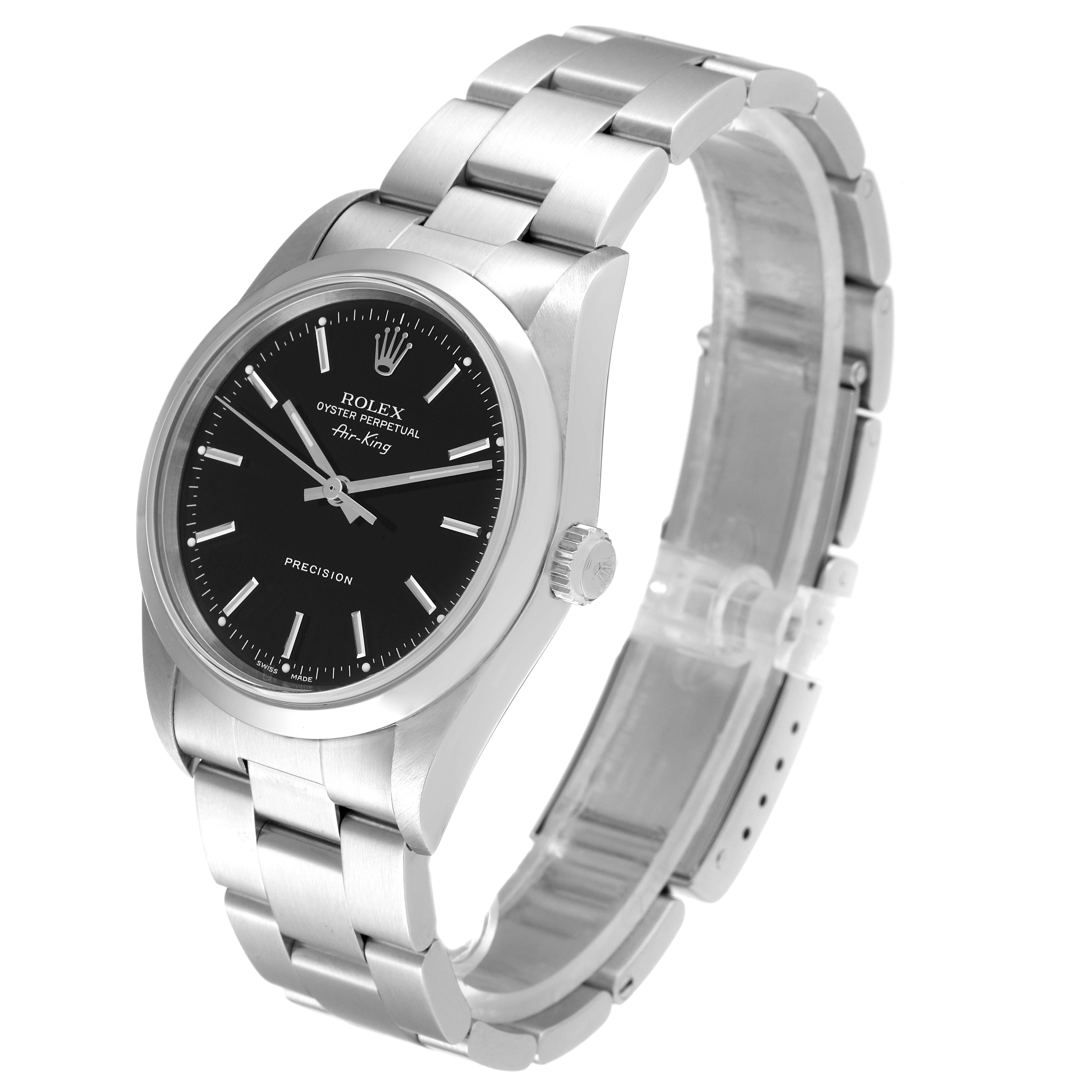 The image shows a Rolex Air-King 14000M Men's Stainless Steel Black Dial 14000M Men's Stainless Steel Black Dial watch at a three-quarter angle displaying the watch face, crown, and bracelet.