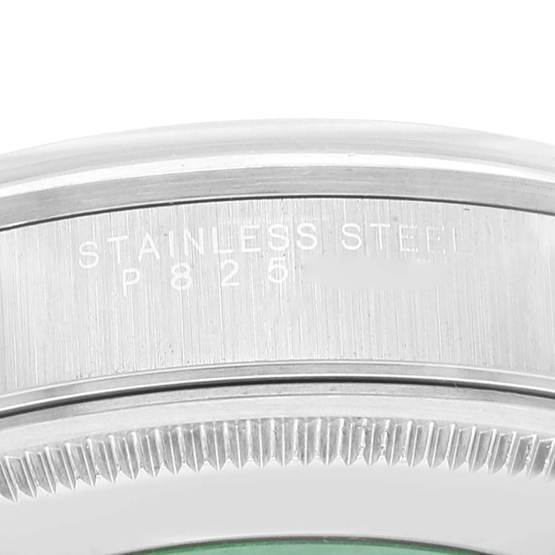 The image shows a close-up of the stainless steel case back and bezel of a Rolex Air-King 14000M Men's Stainless Steel Black Dial 14000M Men's Stainless Steel Black Dial watch.