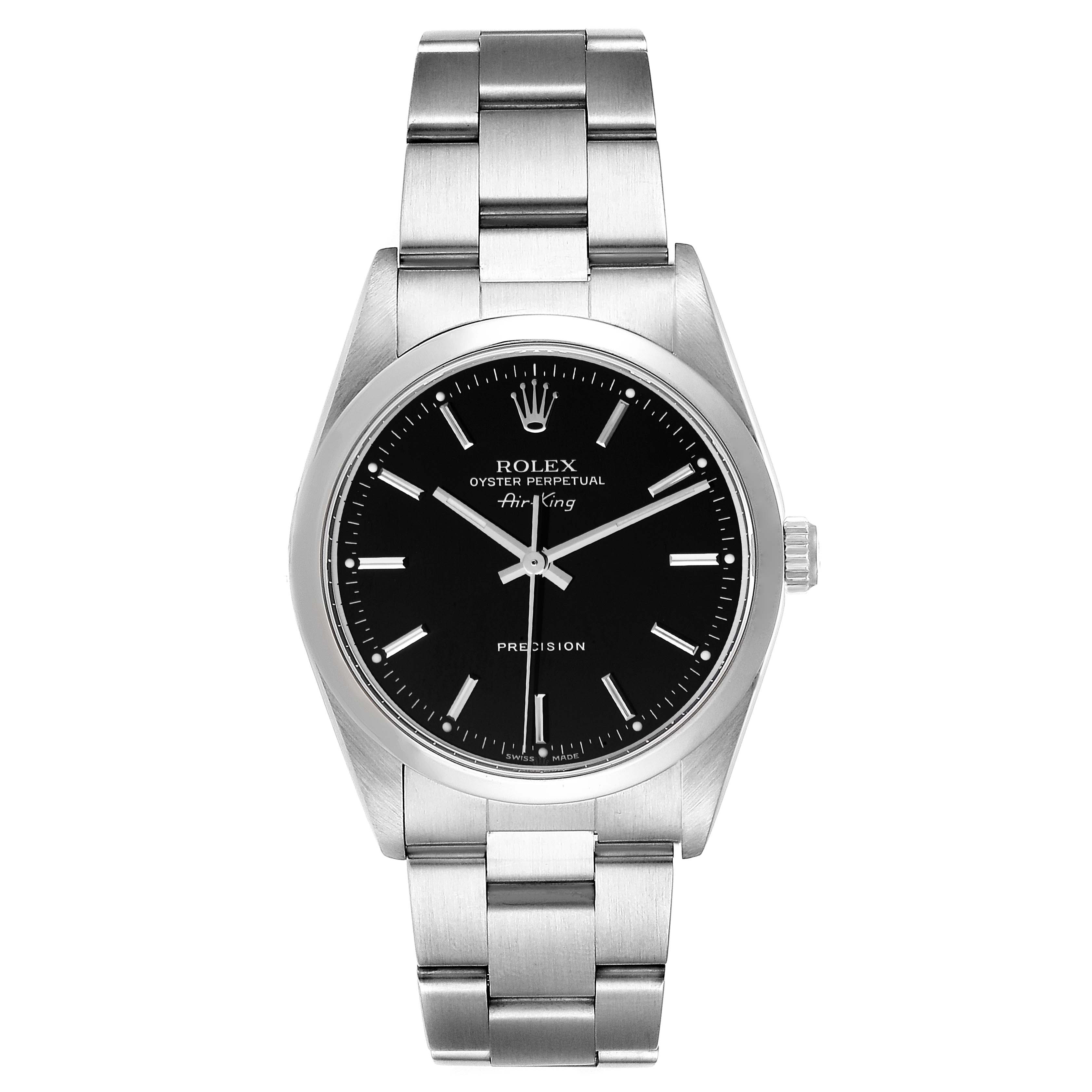 The Rolex Air-King 14000M Men's Stainless Steel Black Dial 14000M Men's Stainless Steel Black Dial watch is shown from a top-down angle, displaying its face, bracelet, and crown.