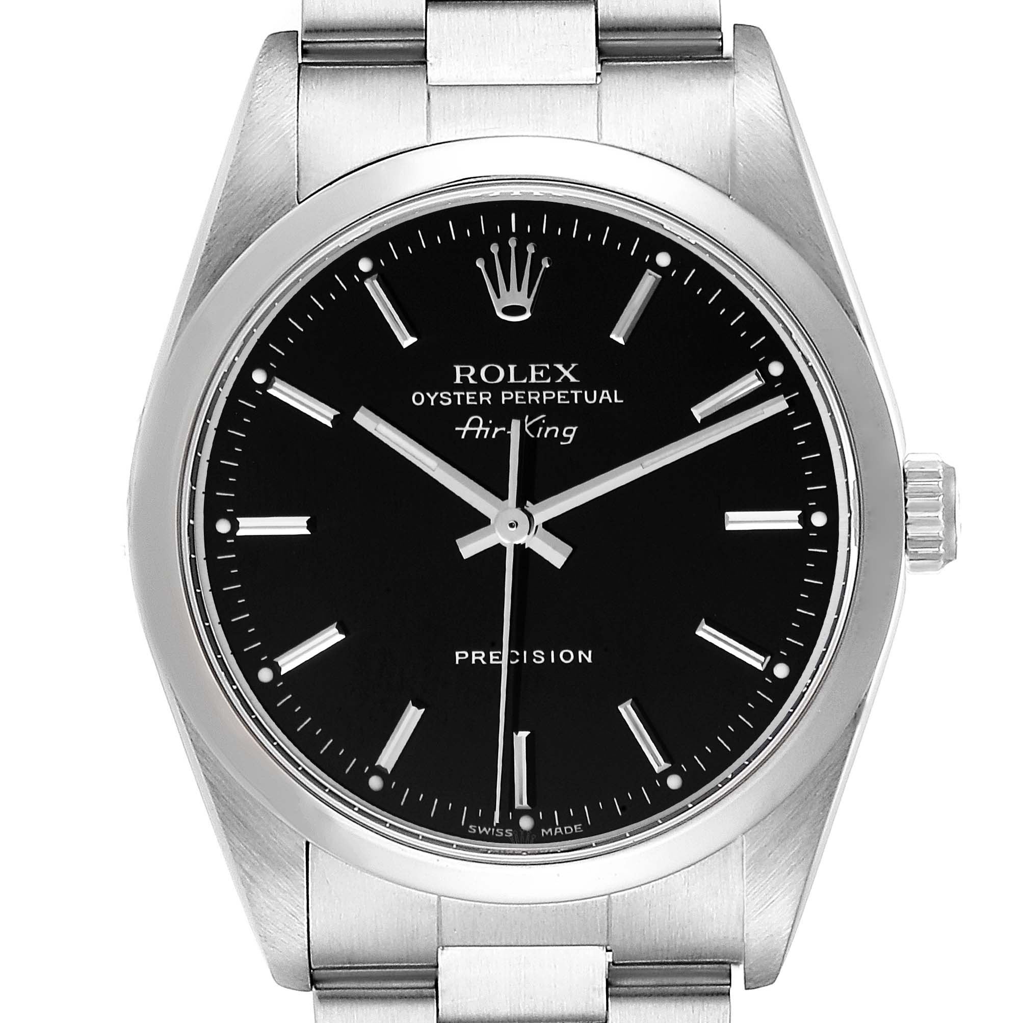 The image shows a front view of the Rolex Air-King 14000M Men's Stainless Steel Black Dial 14000M Men's Stainless Steel Black Dial watch, featuring its black dial, silver markers, and metal bracelet.
