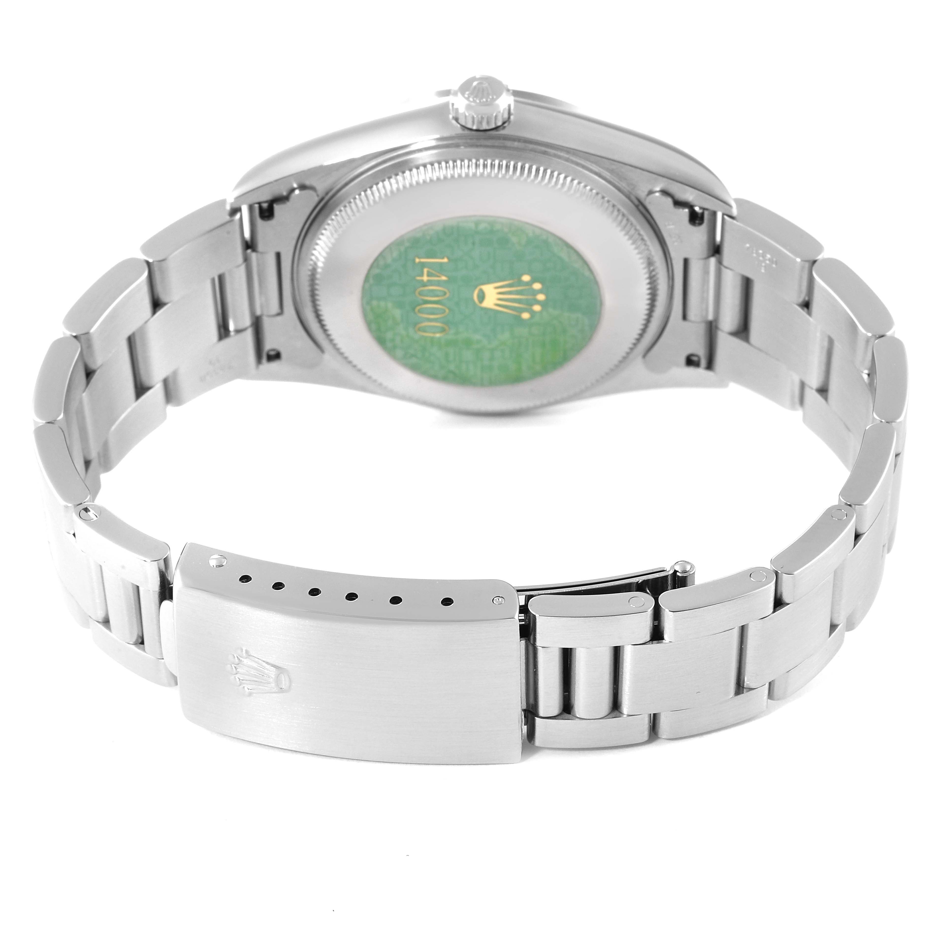 The image shows the back view of a Rolex Air-King 14000M Men's Stainless Steel Black Dial 14000M Men's Stainless Steel Black Dial watch, highlighting its clasp, bracelet, and case back.