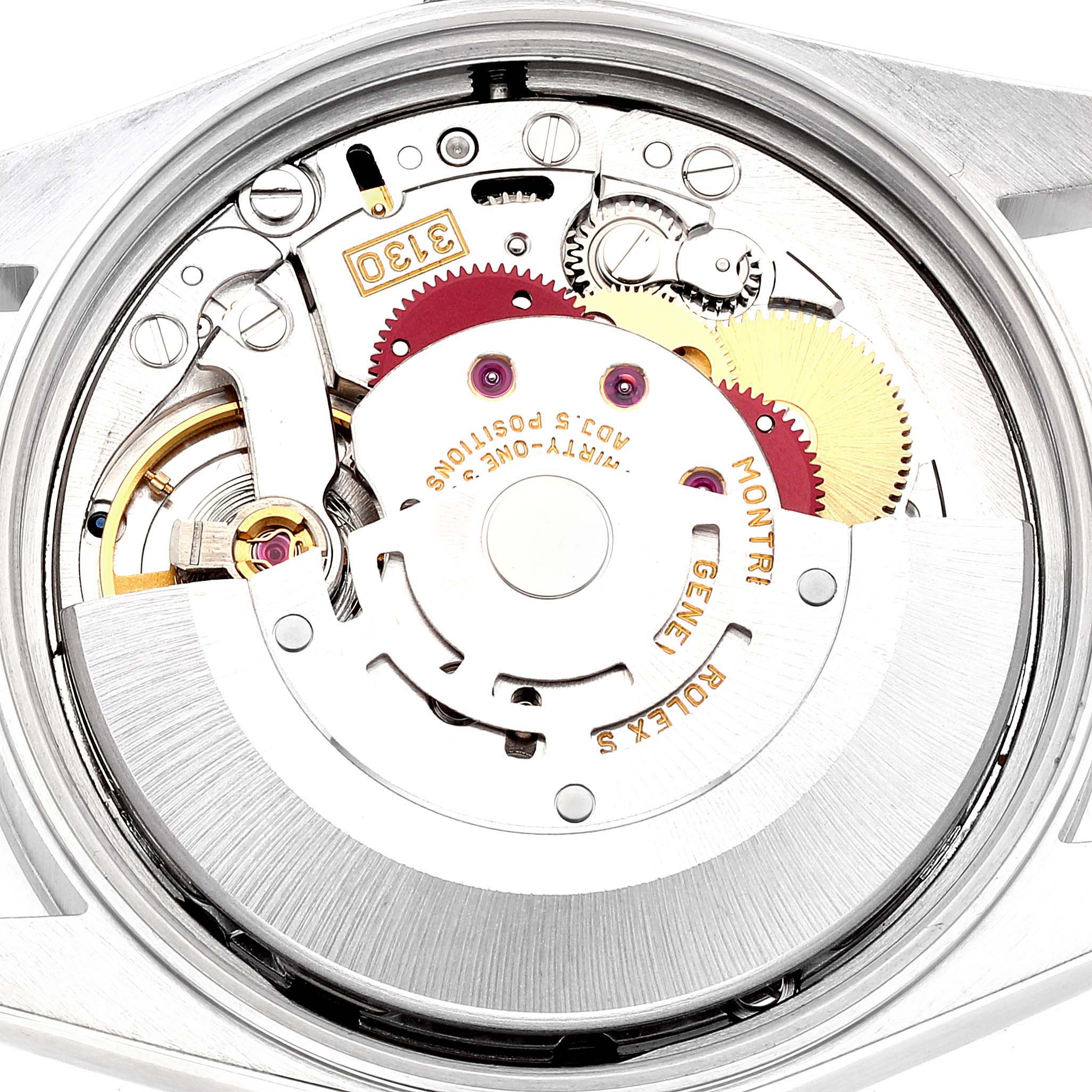 The image shows the internal mechanism of a Rolex Air-King 14000M Men's Stainless Steel Black Dial 14000M Men's Stainless Steel Black Dial watch from a top-down angle.