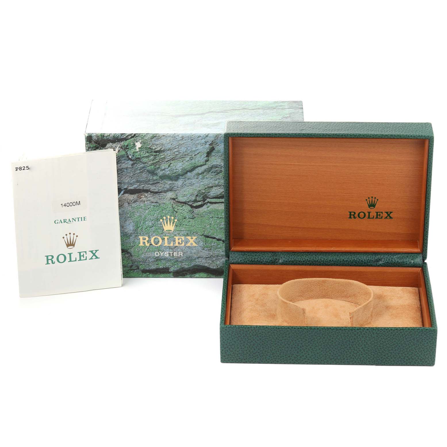 The image shows an open Rolex Air-King 14000M Men's Stainless Steel Black Dial 14000M Men's Stainless Steel Black Dial watch box, an outer box sleeve, and a warranty booklet, all displayed from a front angle.