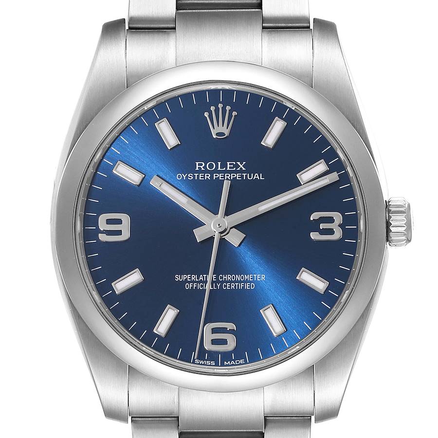 Rolex Oyster Perpetual Blue Dial Smooth Bezel Steel Mens Watch 114200 SwissWatchExpo