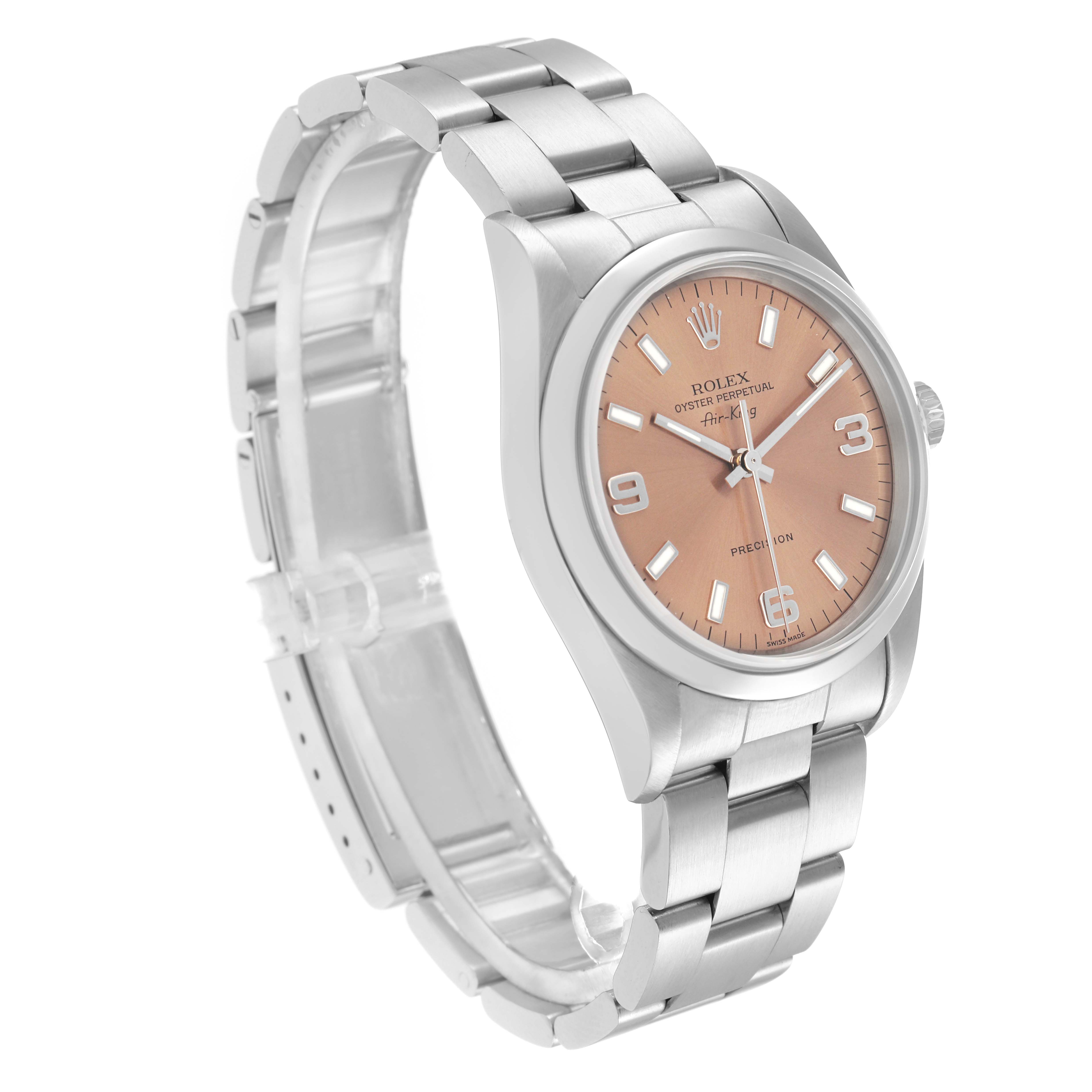 The Rolex Air-King 14000 Men's Stainless Steel Pink Dial 14000 Men's Stainless Steel Pink Dial watch is shown at a 3/4 angle highlighting the face, bezel, crown, and bracelet.