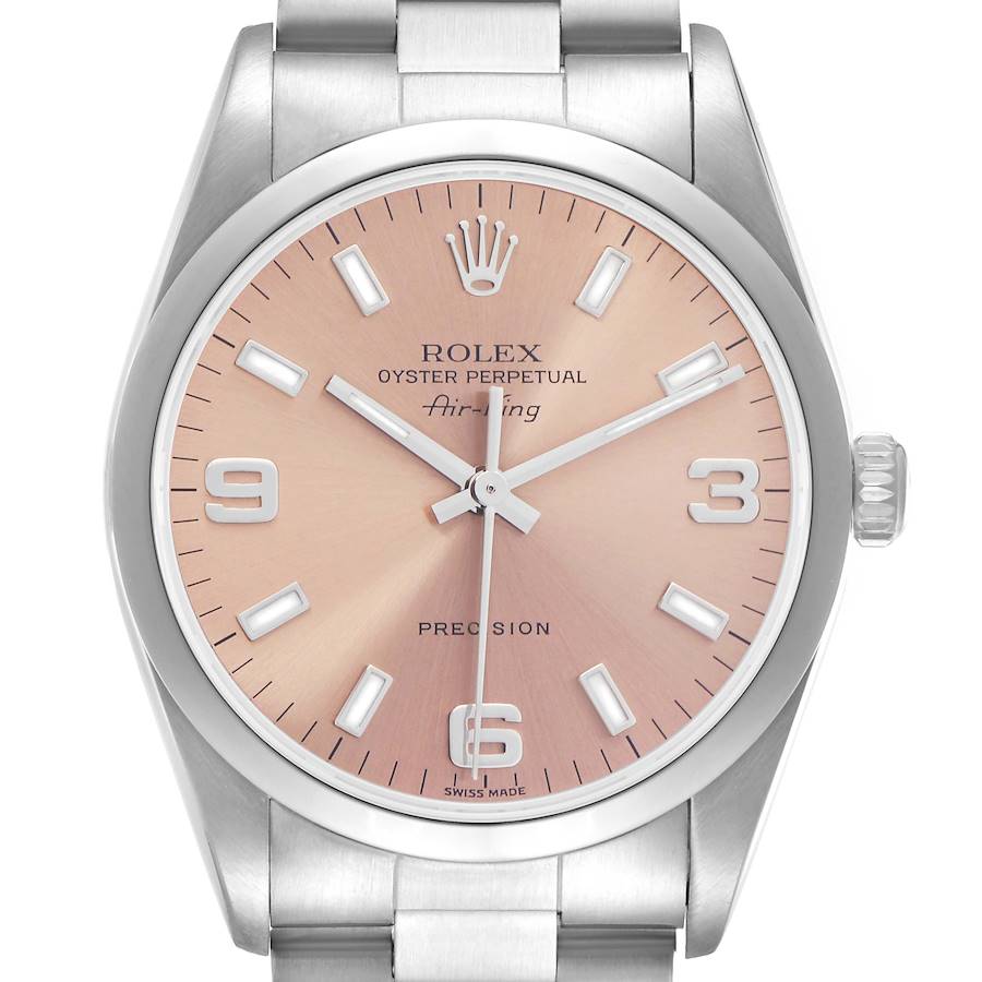 The Rolex Air-King is shown from a straight-on angle, highlighting the dial, hands, indices, bezel, and part of the bracelet.