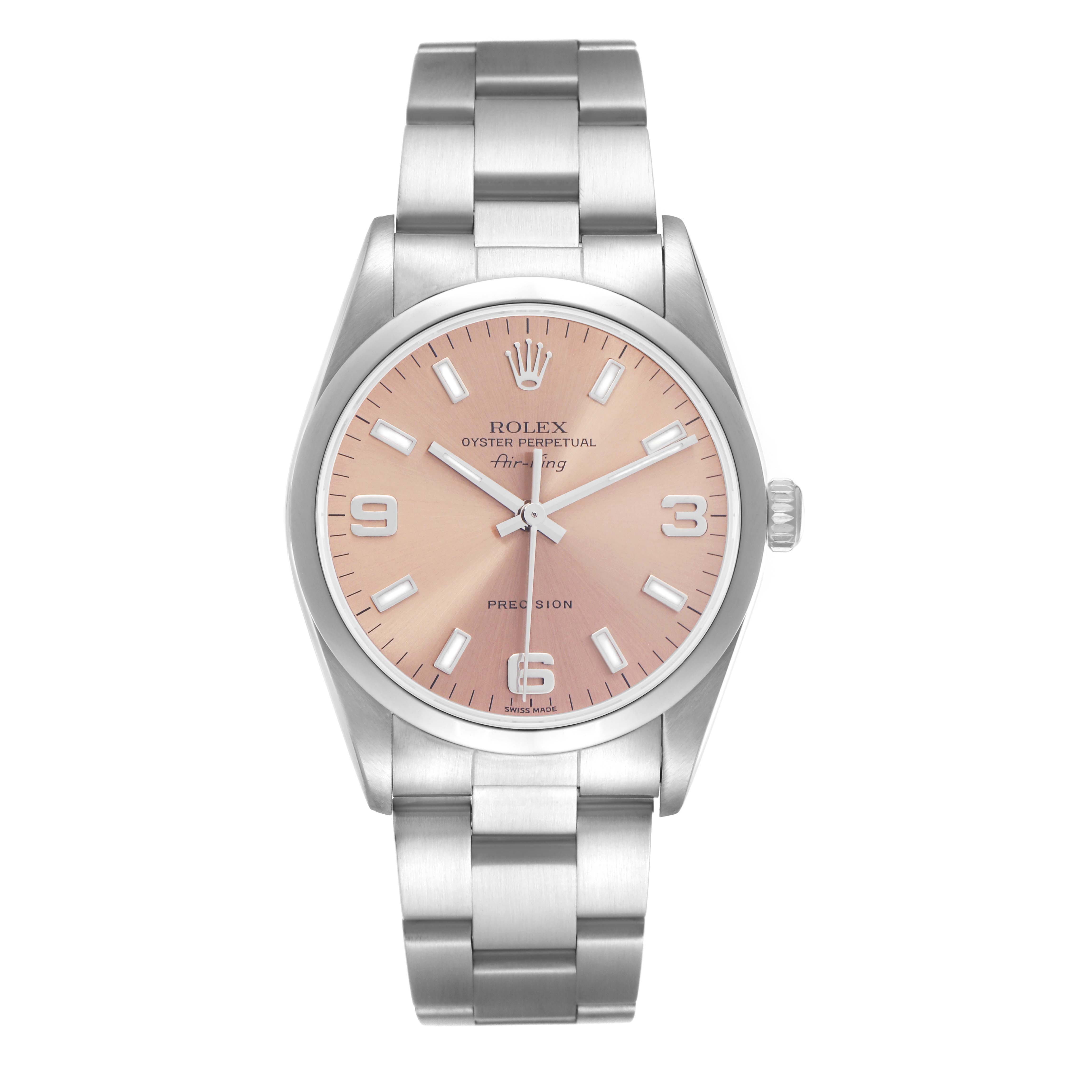 The Rolex Air-King 14000 Men's Stainless Steel Pink Dial 14000 Men's Stainless Steel Pink Dial watch is shown from the front, displaying the pink dial, hour markers, hands, and stainless steel bracelet.