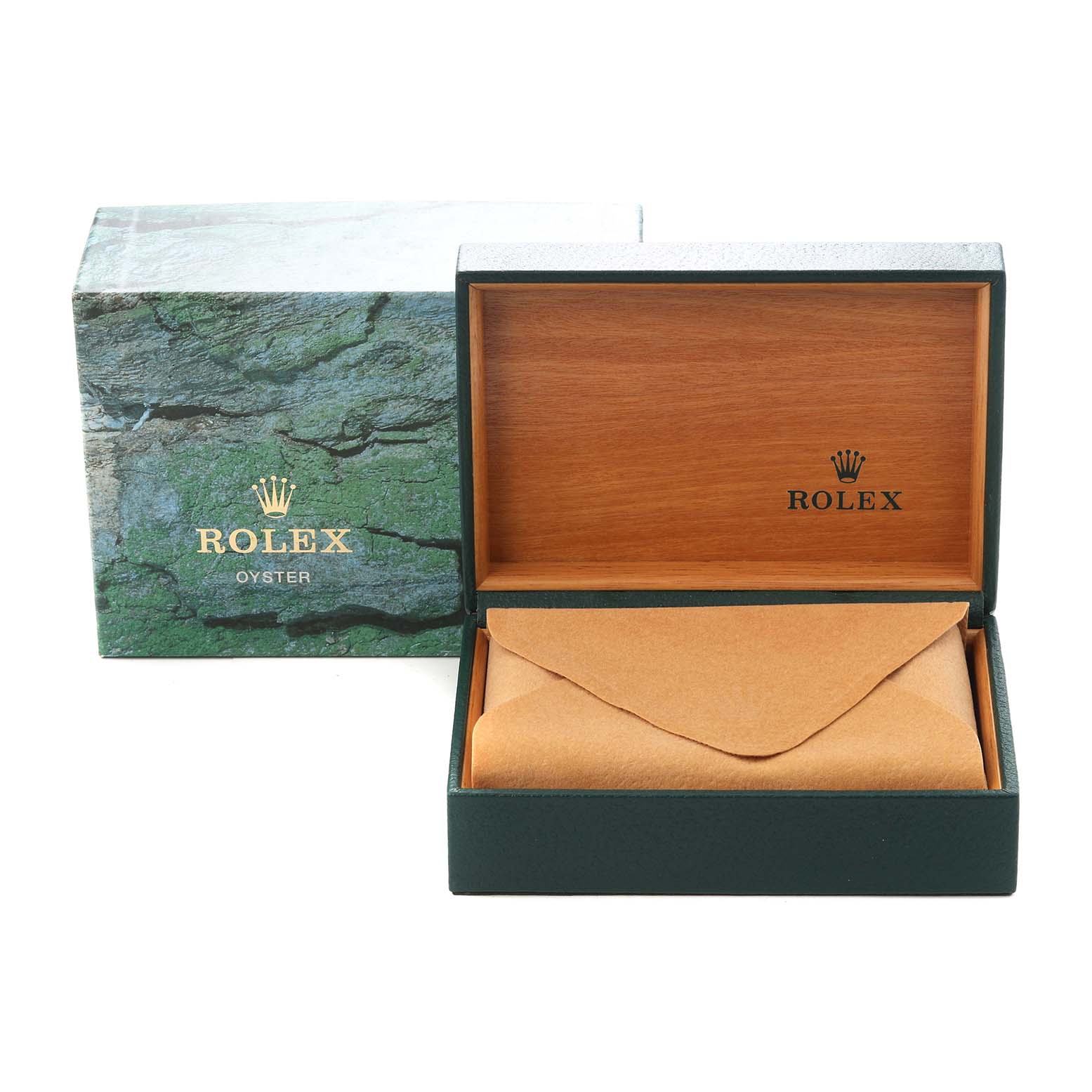 The image shows a Rolex Air-King 14000 Men's Stainless Steel Pink Dial 14000 Men's Stainless Steel Pink Dial watch box and outer packaging, with the inner box open, revealing a cushioned envelope.