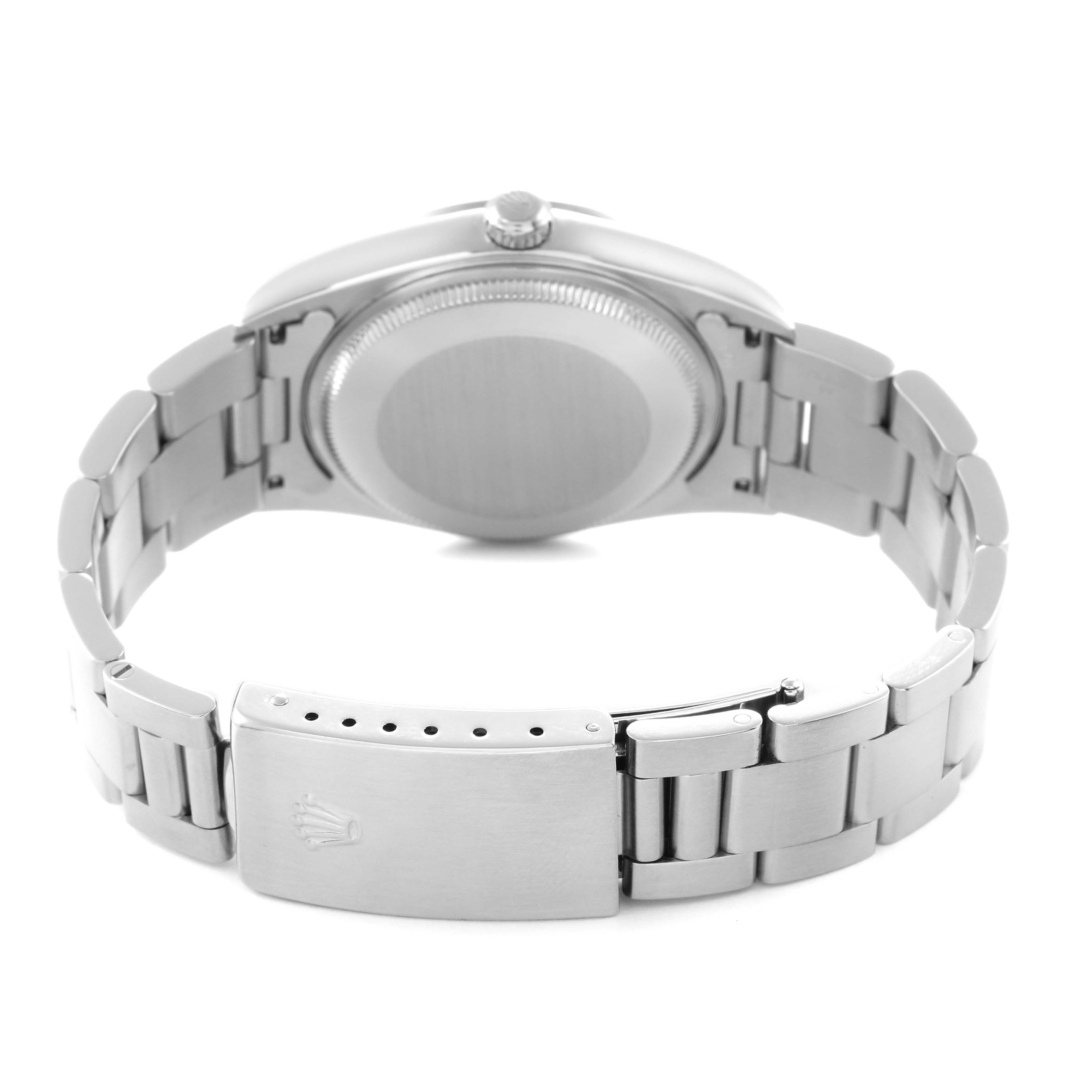 The image shows the back view of a Rolex Air-King 14000 Men's Stainless Steel Pink Dial 14000 Men's Stainless Steel Pink Dial watch, highlighting the bracelet, clasp, and case back.