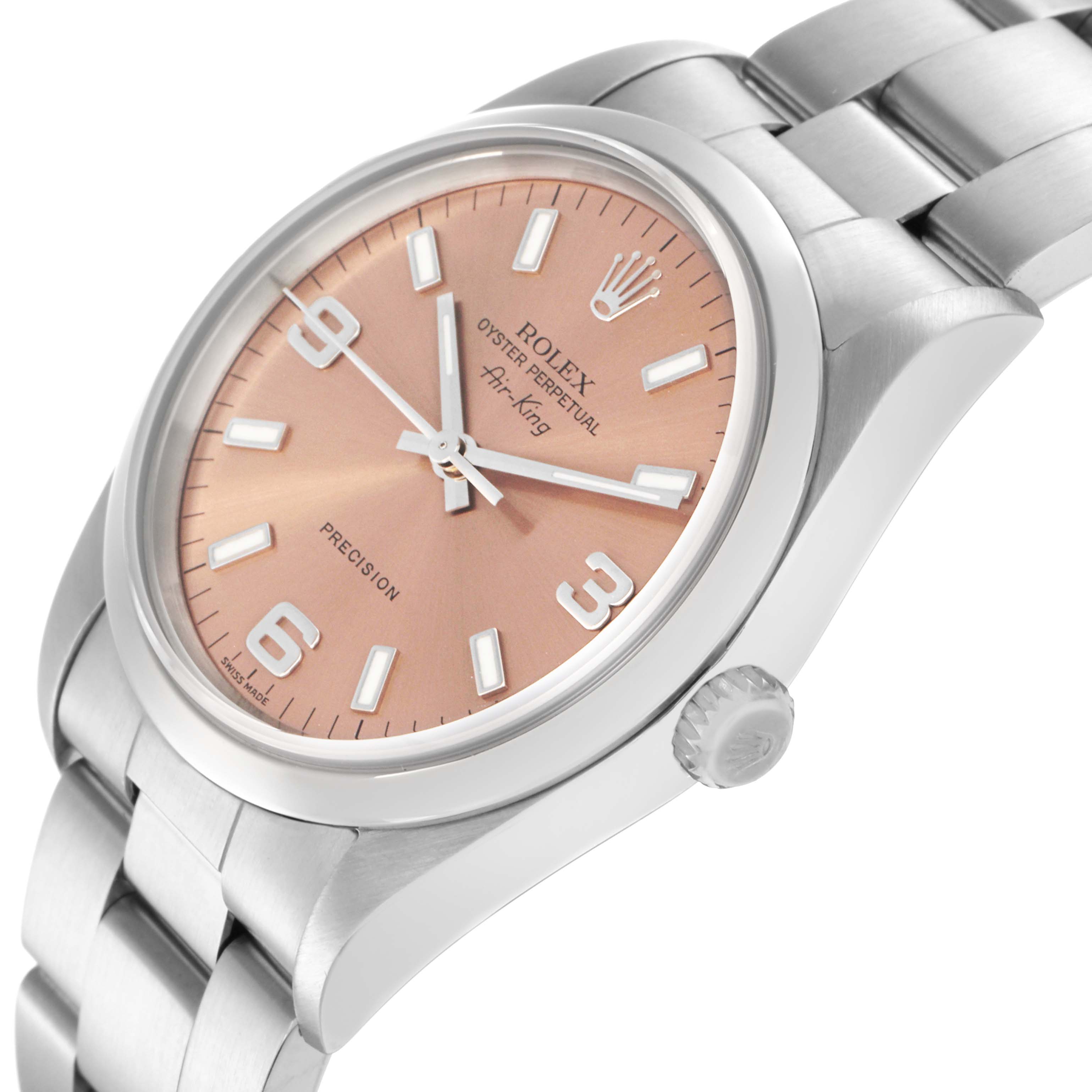 The Rolex Air-King 14000 Men's Stainless Steel Pink Dial 14000 Men's Stainless Steel Pink Dial watch is shown at a slight angle, displaying the dial, case, and bracelet.