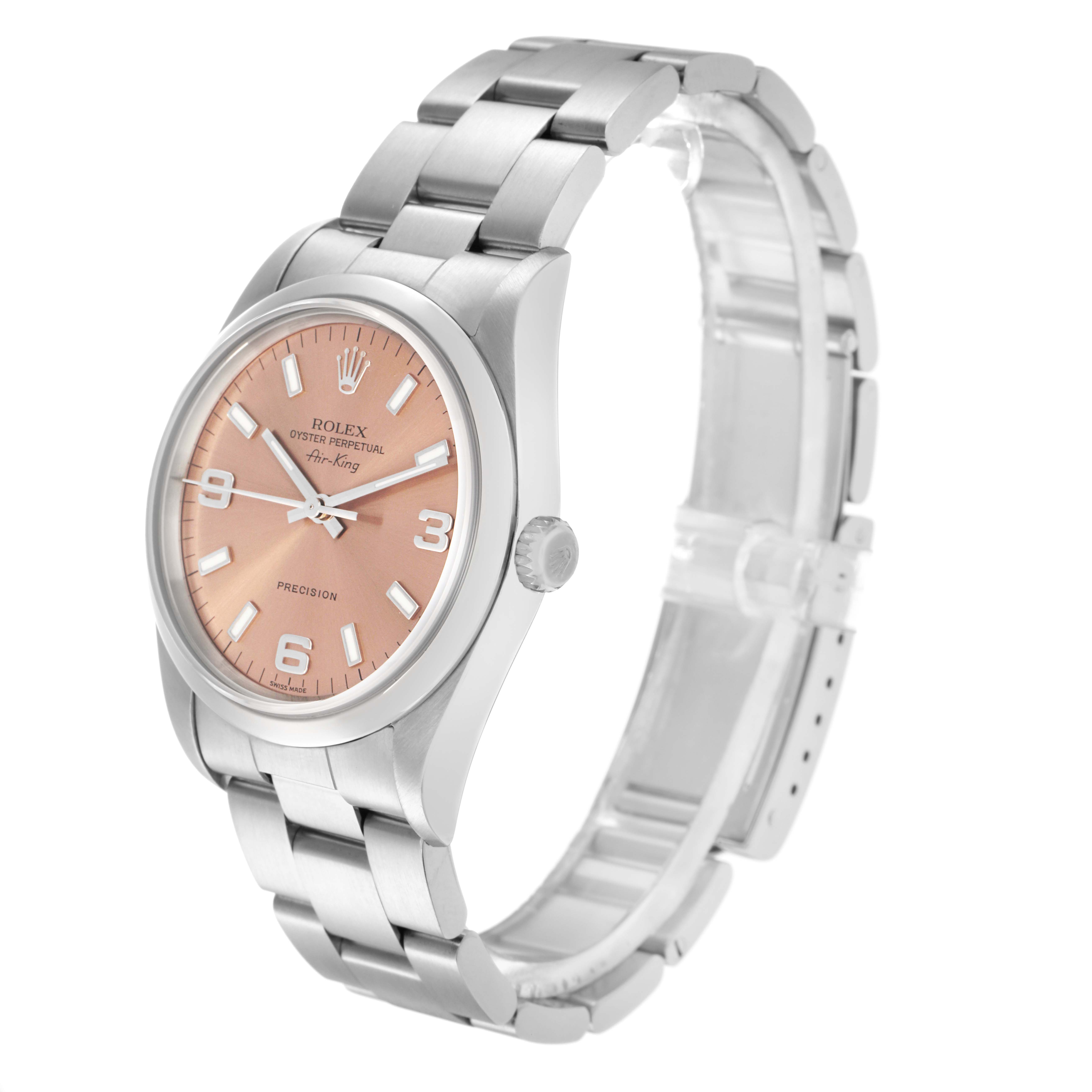 The Rolex Air-King 14000 Men's Stainless Steel Pink Dial 14000 Men's Stainless Steel Pink Dial watch is shown at a three-quarter angle, highlighting the face, crown, and bracelet.