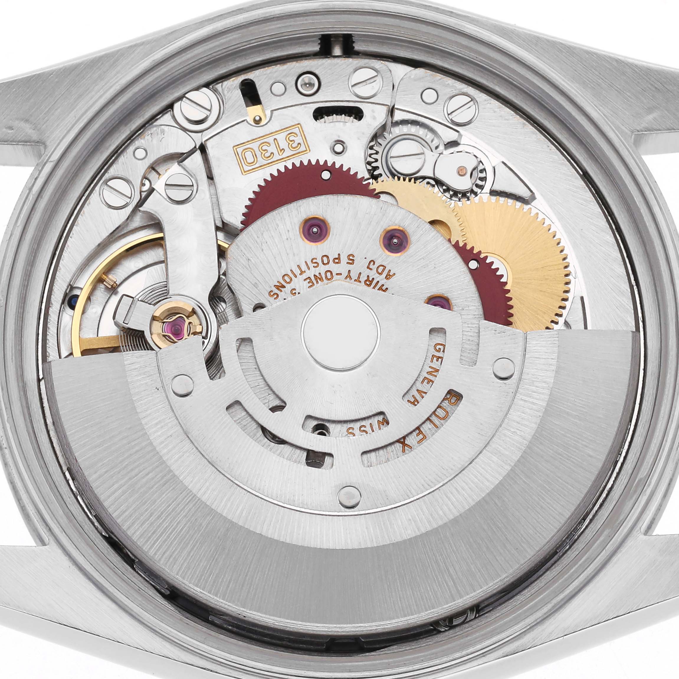 The image shows the movement of the Rolex Air-King 14000 Men's Stainless Steel Pink Dial 14000 Men's Stainless Steel Pink Dial watch from a top-down angle, highlighting its internal gears and rotor.