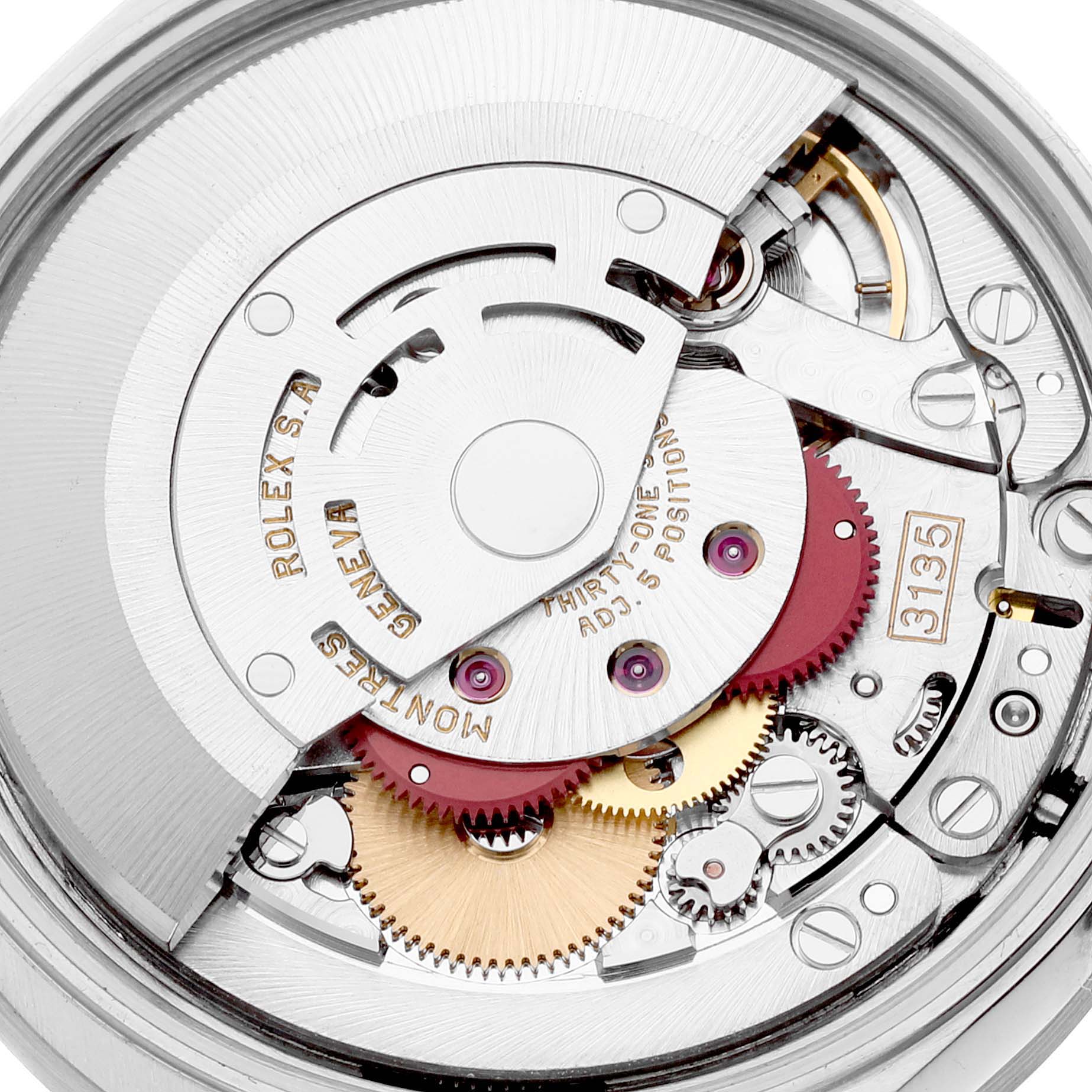 This image shows the internal mechanism of a Rolex Date 15210 Men's Stainless Steel Black Dial 15210 Men's Stainless Steel Black Dial model watch, highlighting gears and the movement parts.