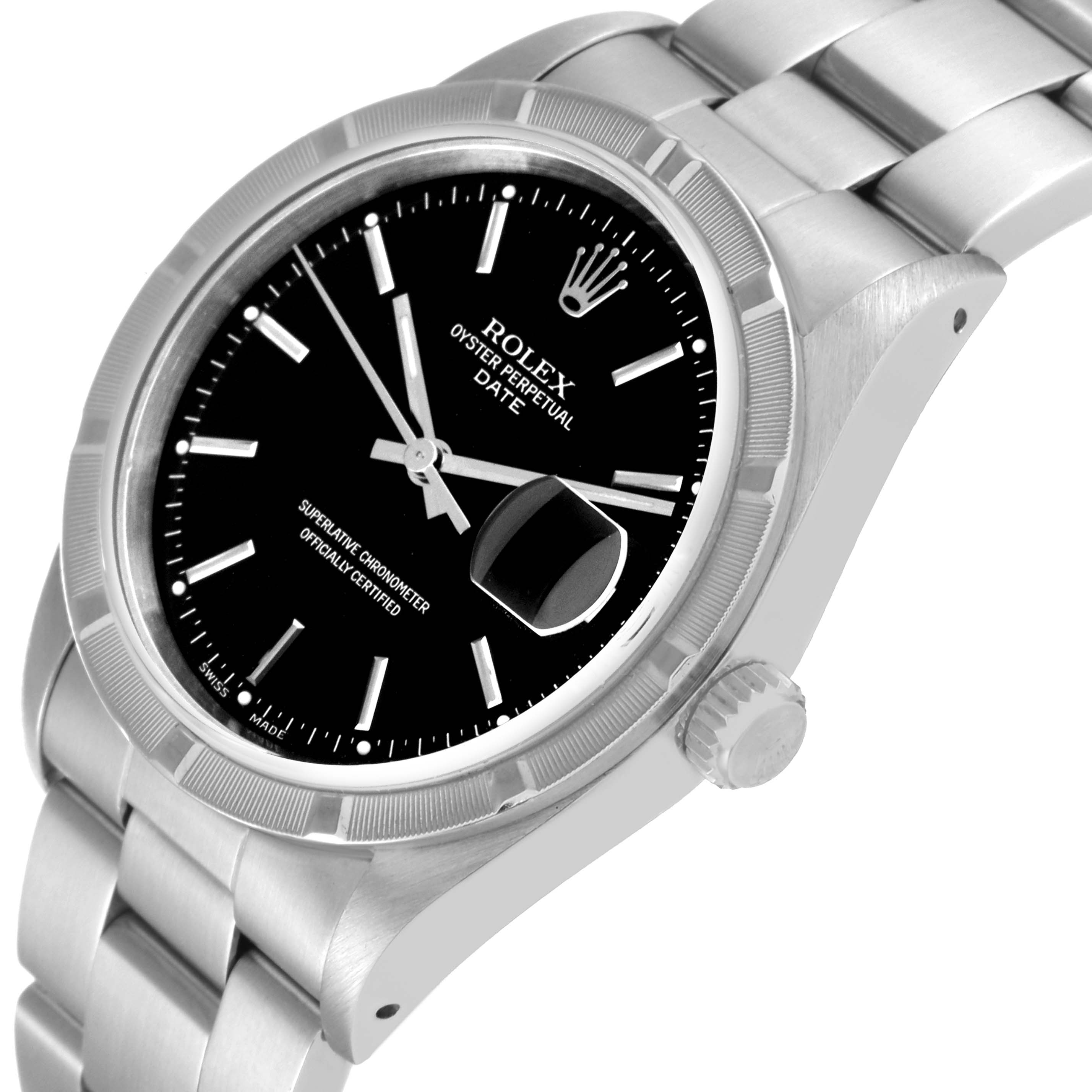 The image shows a close-up angle of the Rolex Date 15210 Men's Stainless Steel Black Dial 15210 Men's Stainless Steel Black Dial model watch, highlighting the dial, bezel, crown, and part of the bracelet.