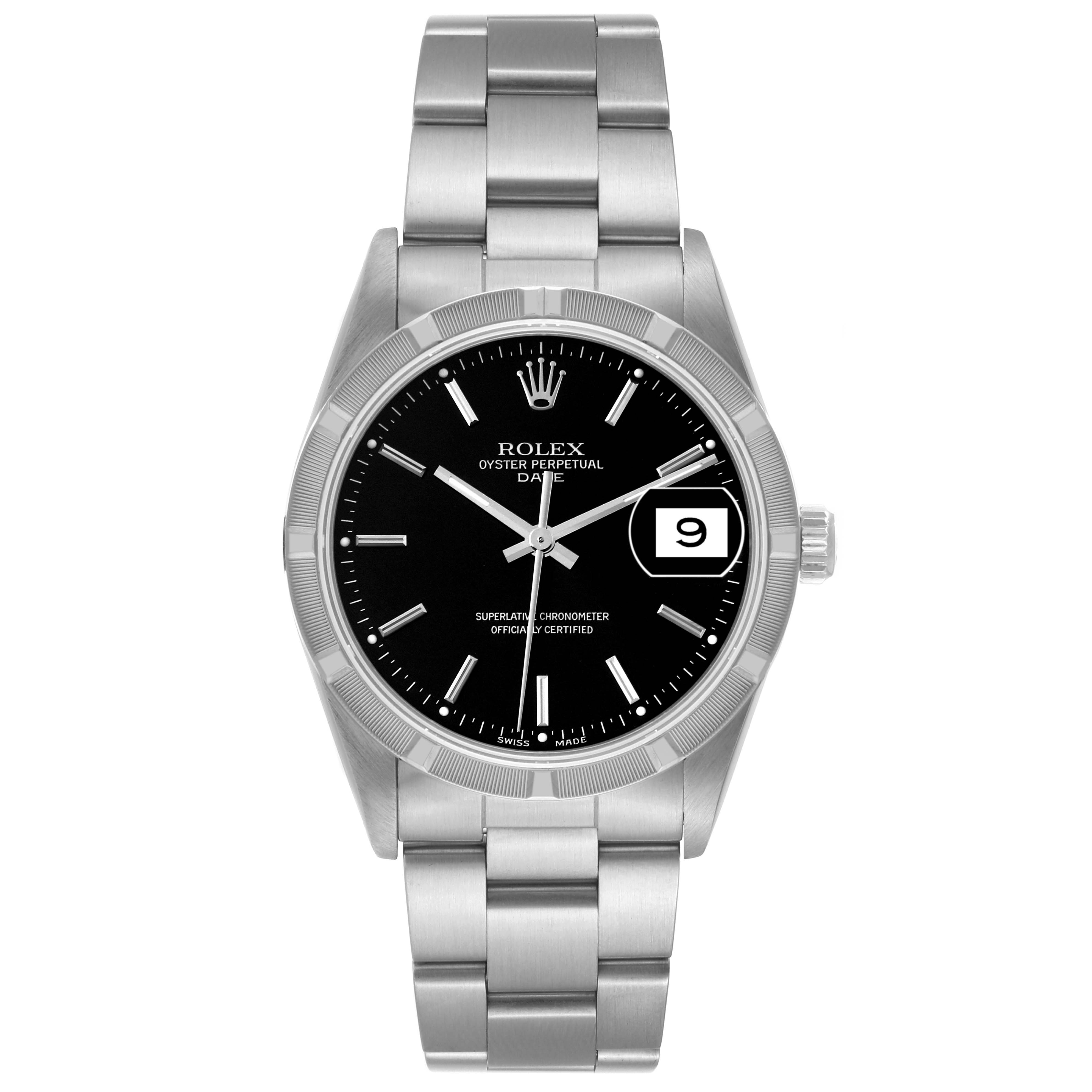 The Rolex Date 15210 Men's Stainless Steel Black Dial 15210 Men's Stainless Steel Black Dial model is shown from a frontal view, displaying the dial, bezel, bracelet, and date window.
