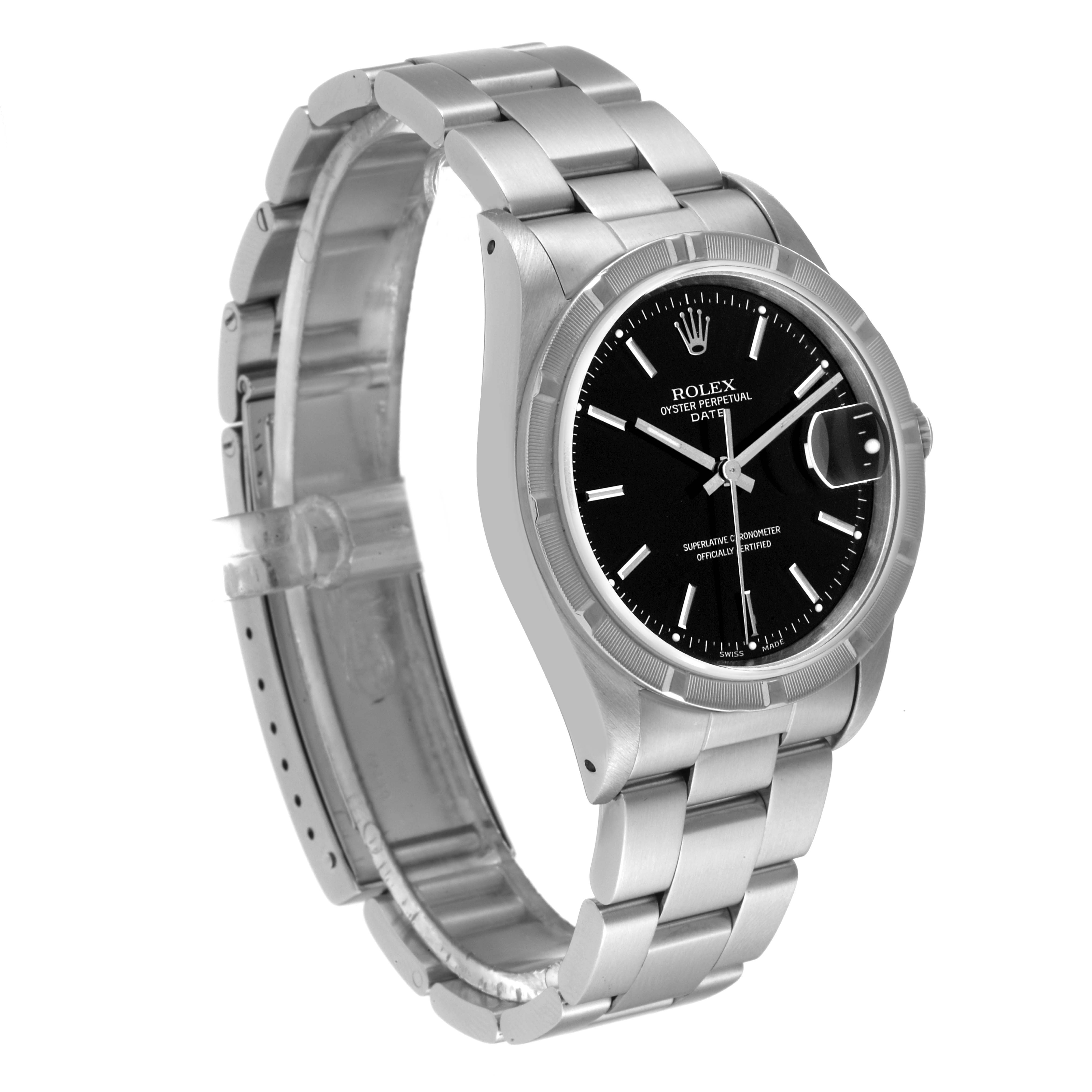 The image shows a Rolex Date 15210 Men's Stainless Steel Black Dial 15210 Men's Stainless Steel Black Dial model watch at a three-quarter angle, displaying the face, bezel, bracelet, and clasp.