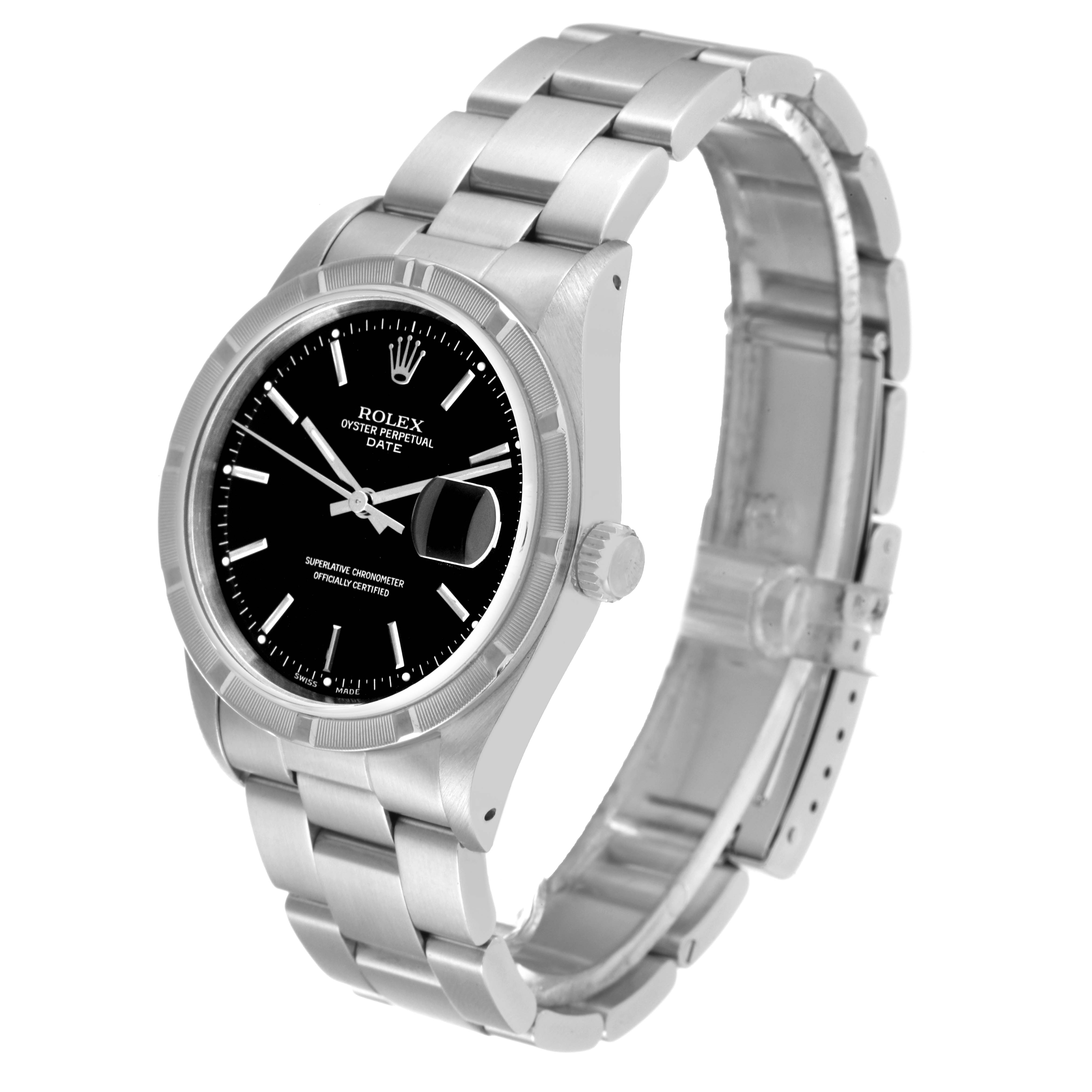 The image shows a Rolex Oyster Perpetual Date watch angled slightly from the side, highlighting the face, bezel, crown, and bracelet.