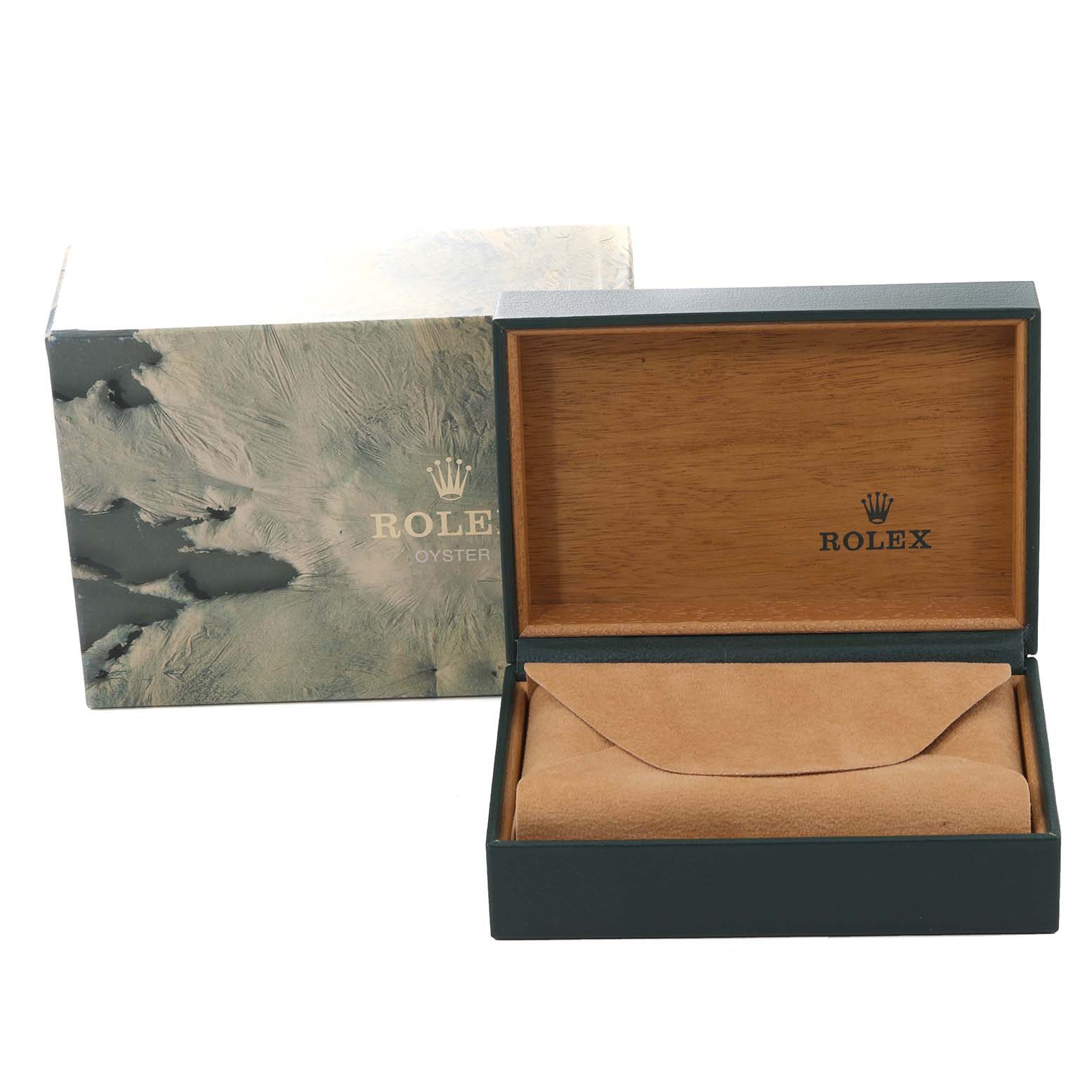 The image shows the open wooden box and outer cardboard box of a Rolex Date 15210 Men's Stainless Steel Black Dial 15210 Men's Stainless Steel Black Dial model watch.