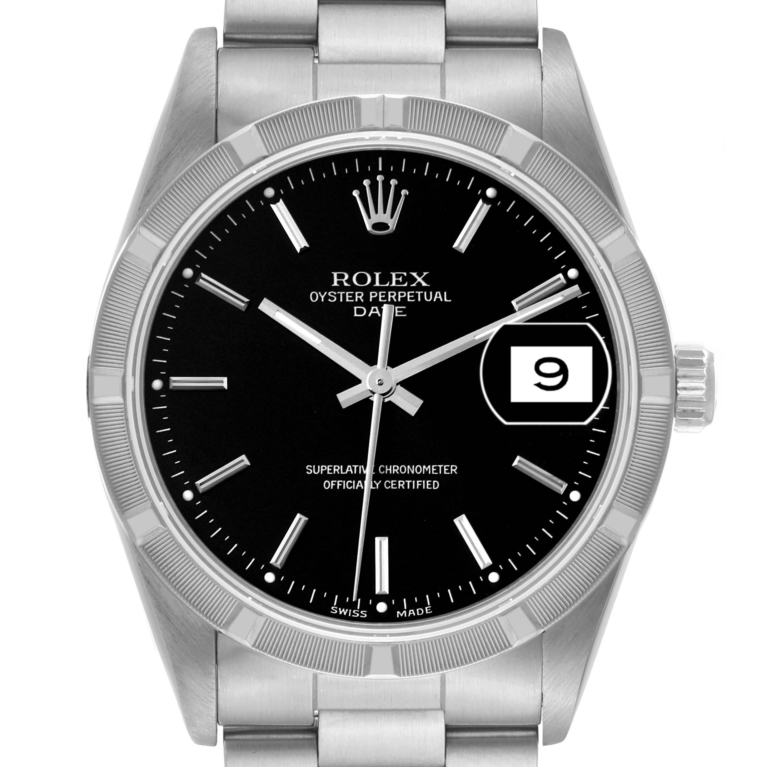 This image shows a front view of the Rolex Date 15210 Men's Stainless Steel Black Dial 15210 Men's Stainless Steel Black Dial model watch, highlighting the dial, date window, and bracelet.