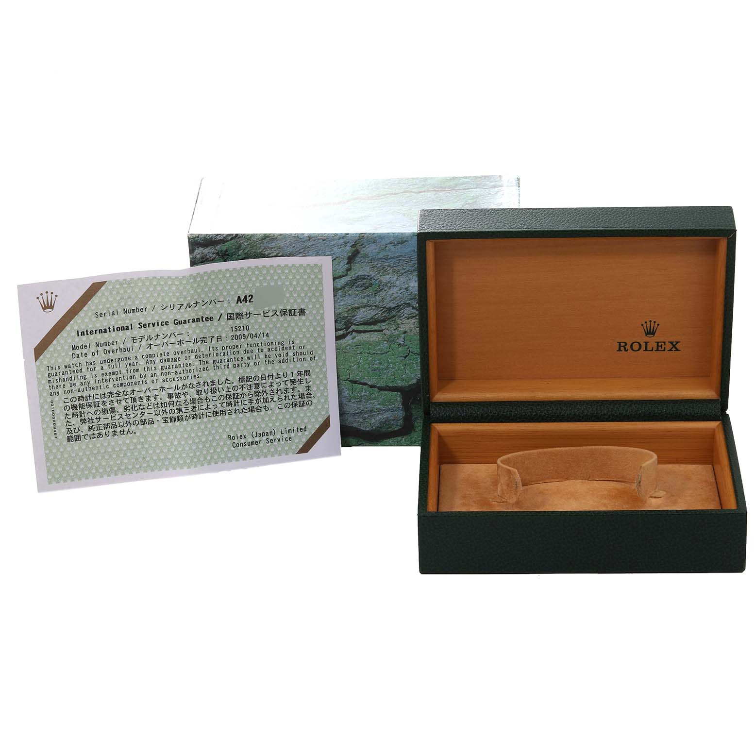 The image shows an open green Rolex Date 15210 Men's Stainless Steel Black Dial 15210 Men's Stainless Steel Black Dial watch box, an international service guarantee card, and the outer packaging.