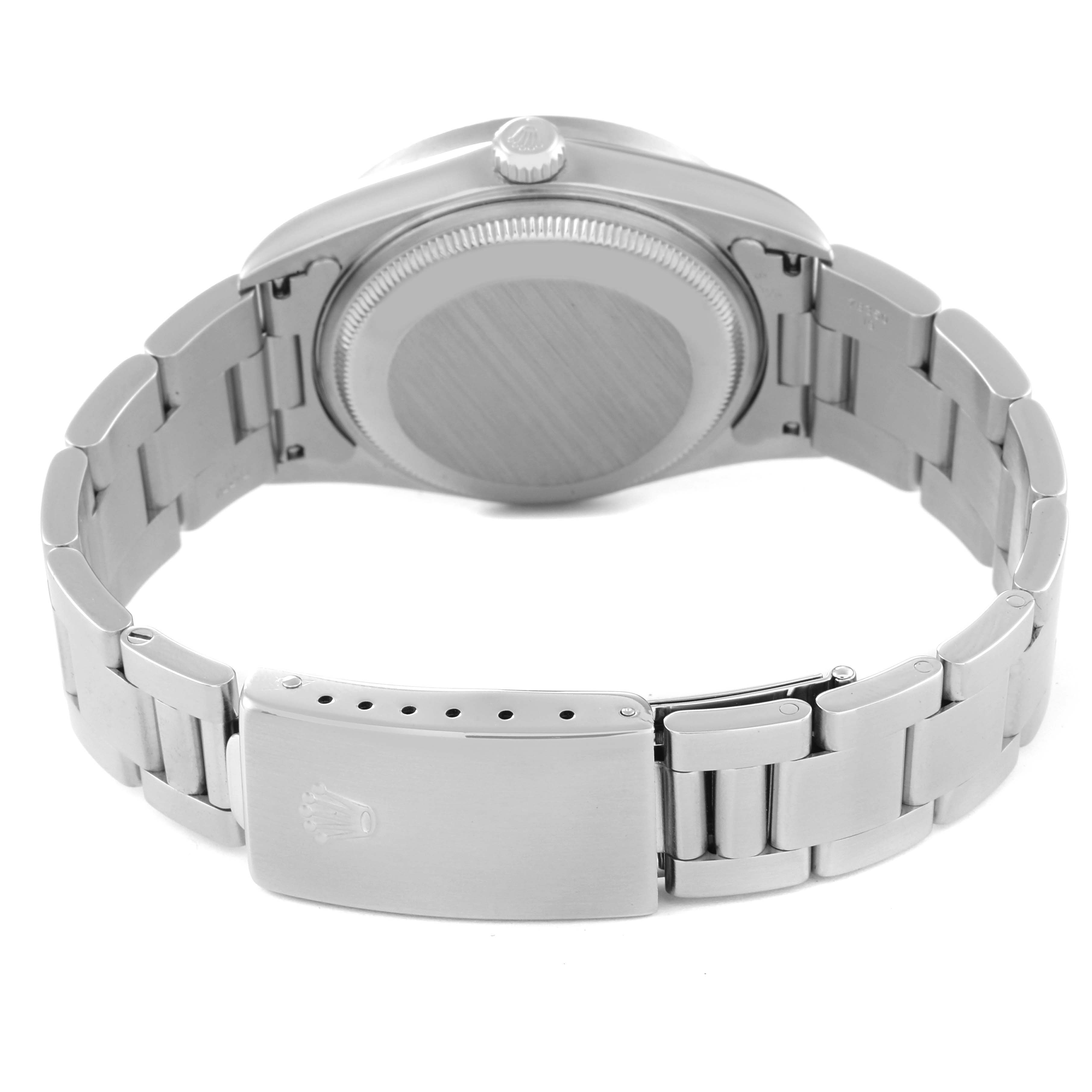 This image shows the back and clasp of a Rolex Date 15210 Men's Stainless Steel Black Dial 15210 Men's Stainless Steel Black Dial model watch from a rear angle.