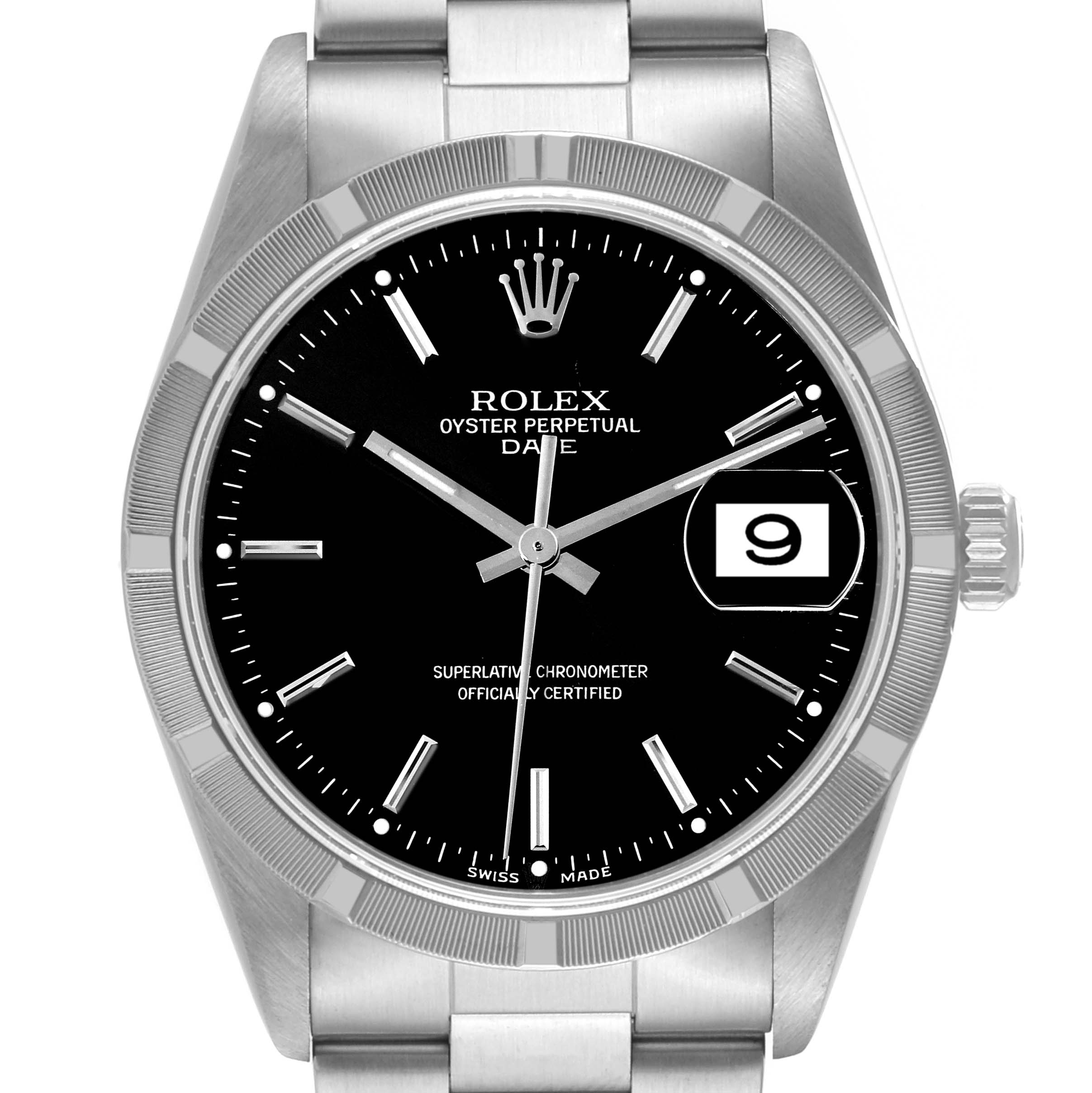 This is a front view of the Rolex Date 15210 Men's Stainless Steel Black Dial 15210 Men's Stainless Steel Black Dial model watch, showing the dial, bezel, crown, and part of the bracelet.