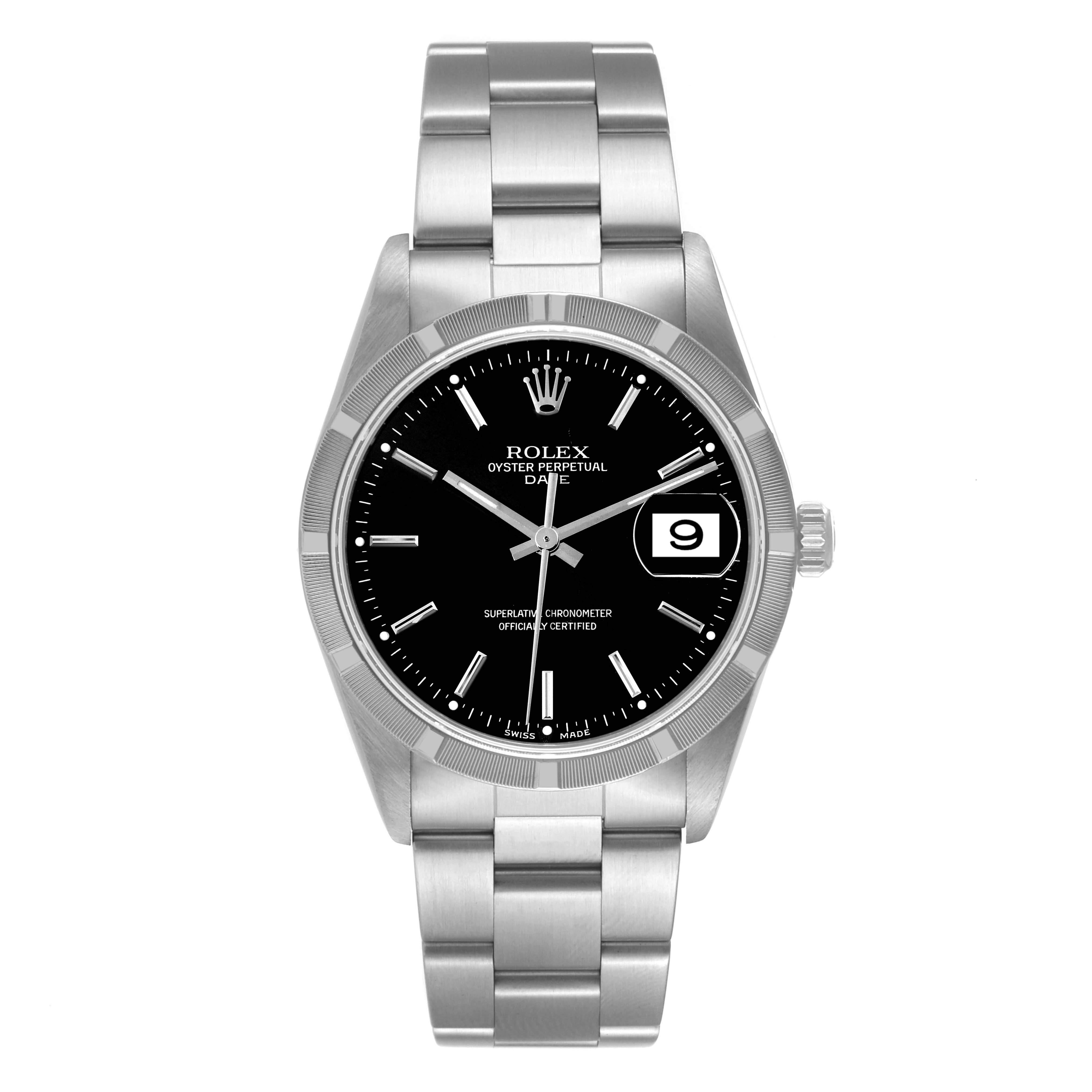 This image shows a frontal view of the Rolex Date 15210 Men's Stainless Steel Black Dial 15210 Men's Stainless Steel Black Dial model watch, including its face, bezel, and bracelet.