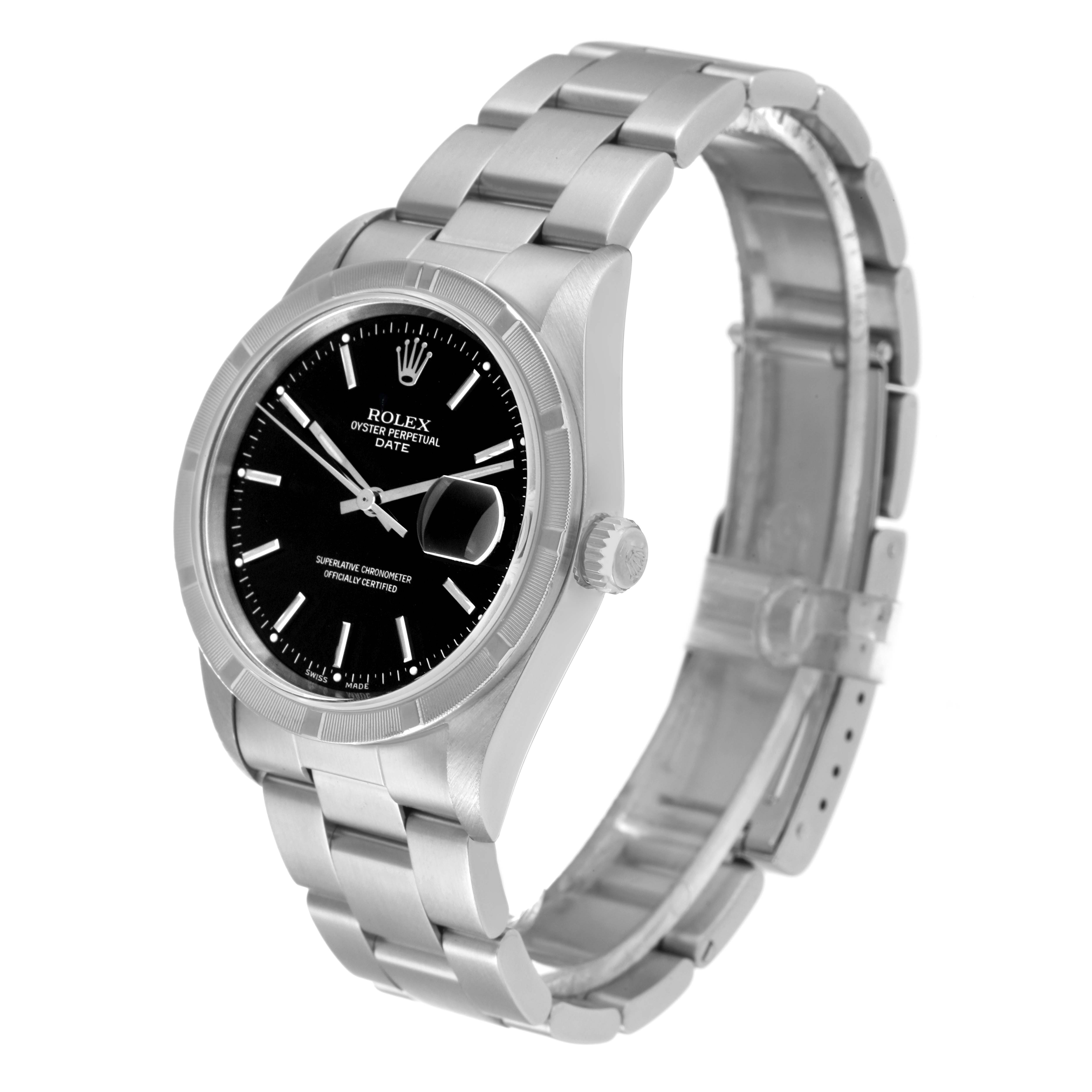 The image shows a side angle of the Rolex Date 15210 Men's Stainless Steel Black Dial 15210 Men's Stainless Steel Black Dial model watch, featuring its black dial, bezel, crown, and silver bracelet.