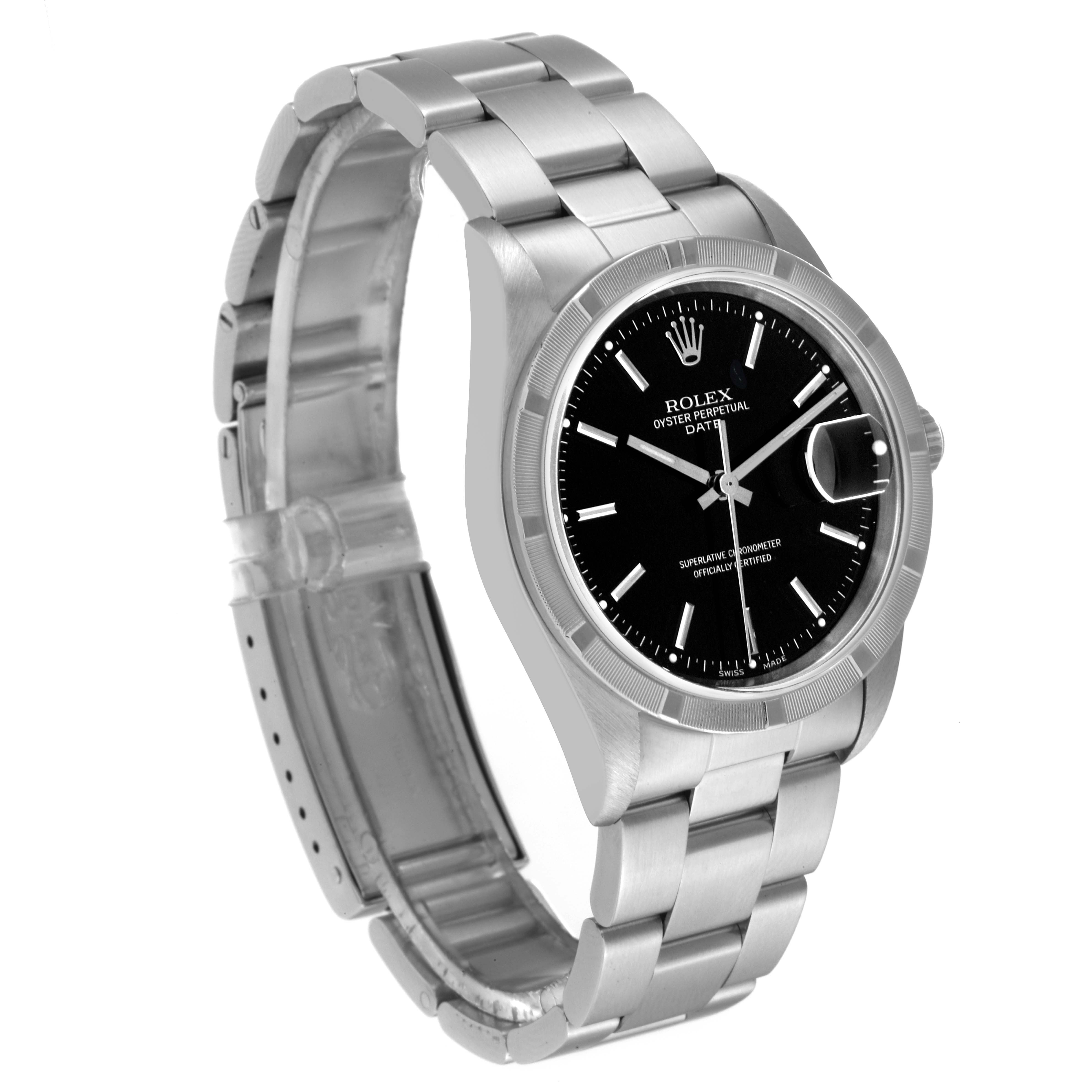 This image shows a Rolex Date 15210 Men's Stainless Steel Black Dial 15210 Men's Stainless Steel Black Dial model watch at a slight angle, displaying the bracelet, case, and dial with date window.