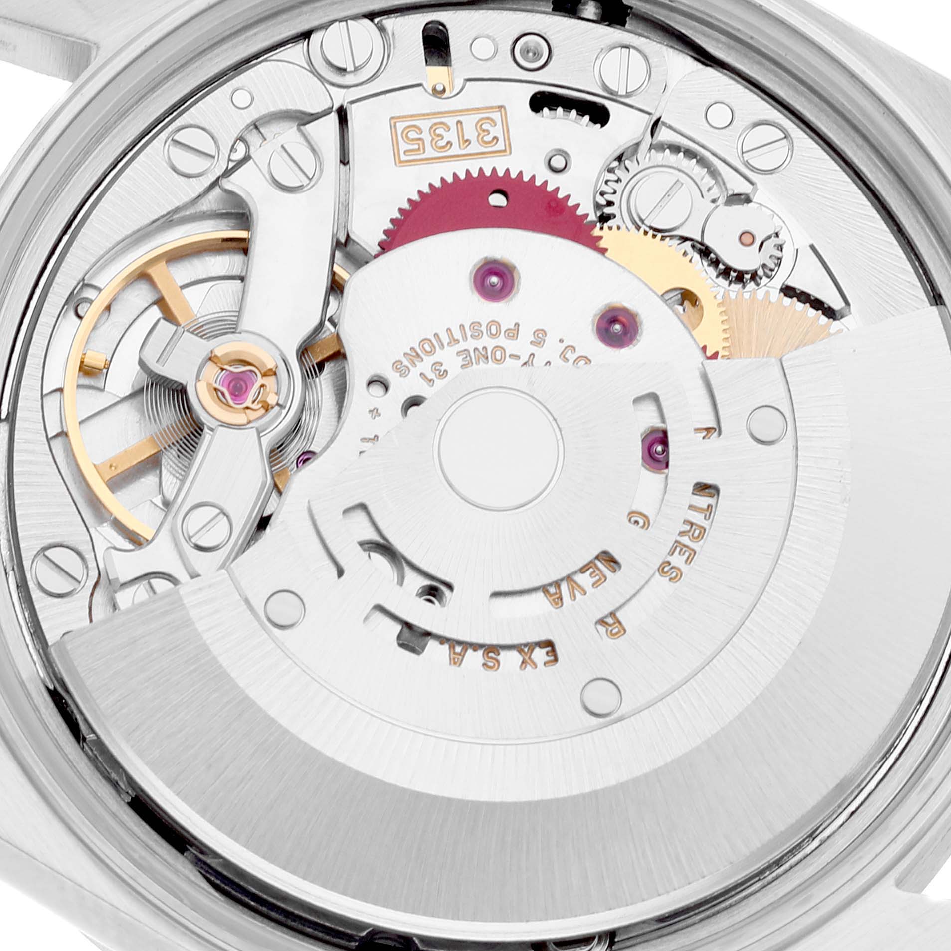 The image shows a close-up view of the movement and inner mechanical parts of a Rolex Date 15210 Men's Stainless Steel Black Dial 15210 Men's Stainless Steel Black Dial model watch.