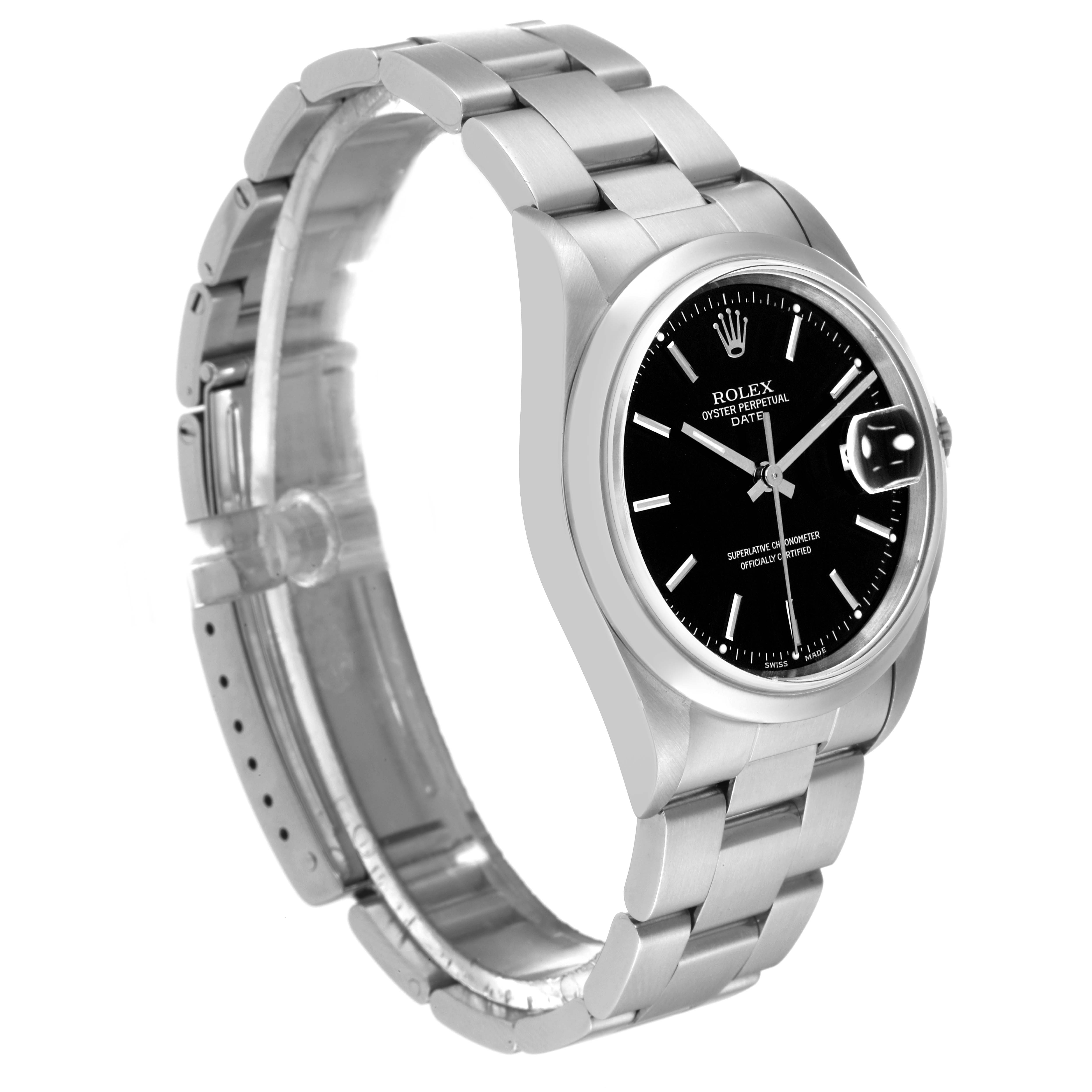 The Rolex Date 15200 Men's Stainless Steel Black Dial 15200 Men's Stainless Steel Black Dial model watch is shown at a side angle, displaying the bracelet, case, and face.