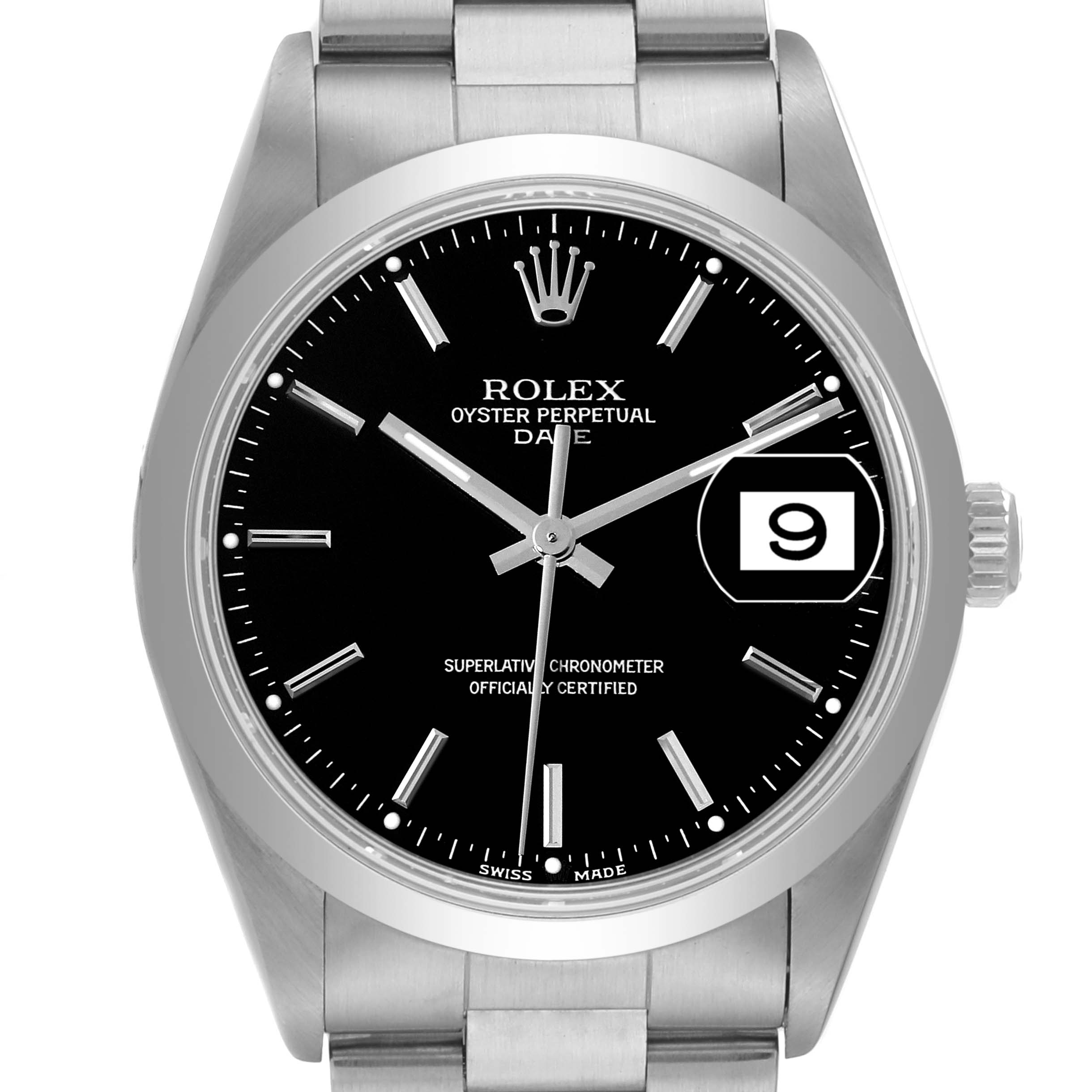The image shows a frontal view of the Rolex Date 15200 Men's Stainless Steel Black Dial 15200 Men's Stainless Steel Black Dial model watch, highlighting its black dial, date display, and stainless steel bracelet.