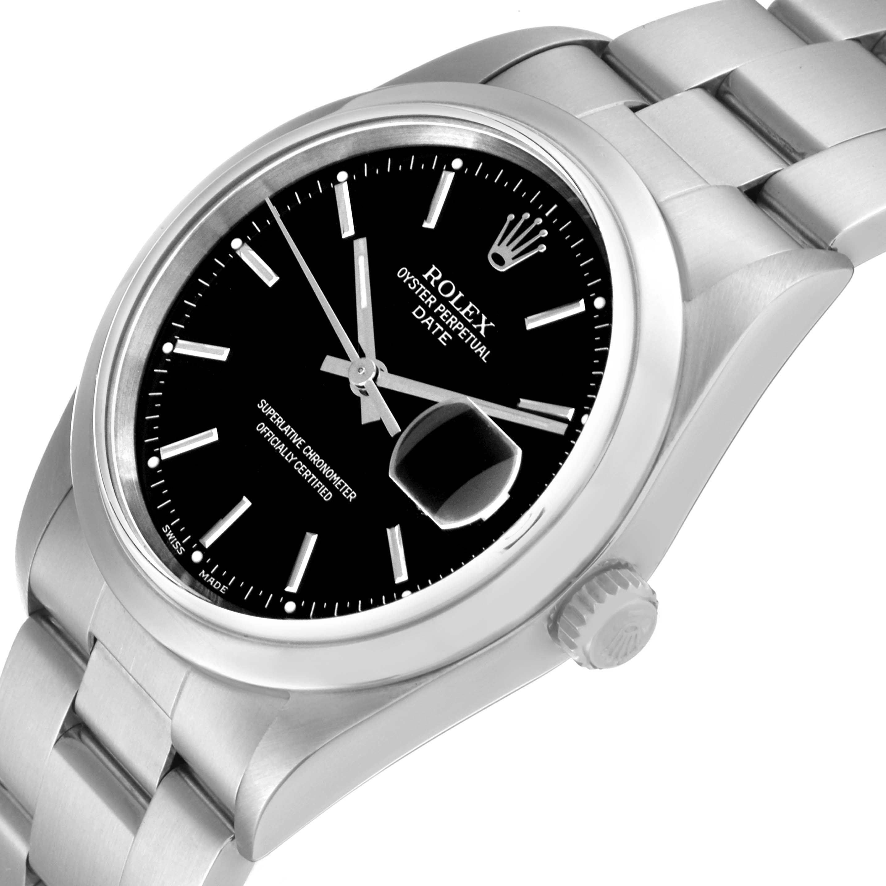 The image shows a Rolex Date 15200 Men's Stainless Steel Black Dial 15200 Men's Stainless Steel Black Dial watch angled from the top right, highlighting the black dial, bezel, magnified date, and bracelet.