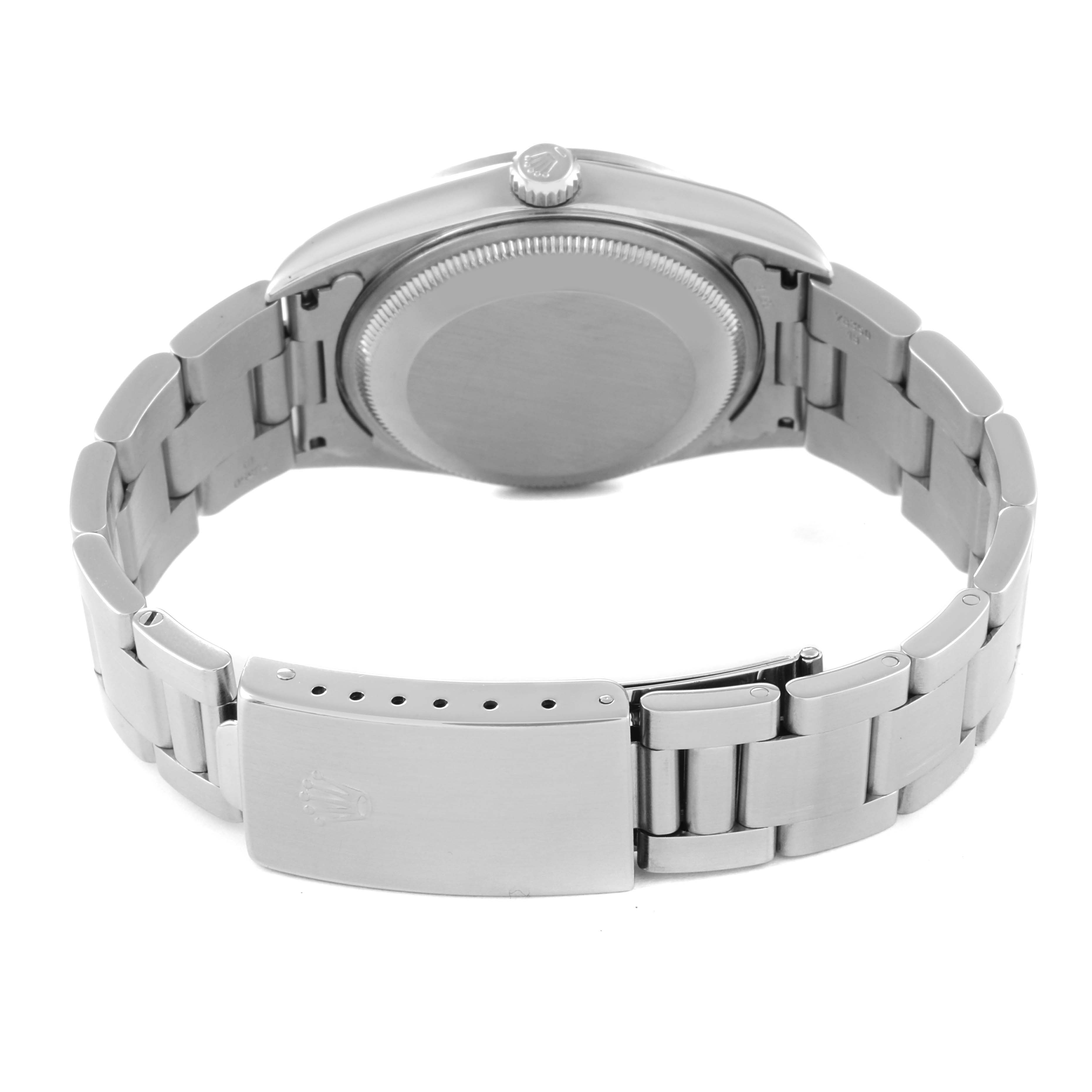 This image shows the back case and the bracelet clasp of a Rolex Date 15200 Men's Stainless Steel Black Dial 15200 Men's Stainless Steel Black Dial model watch.