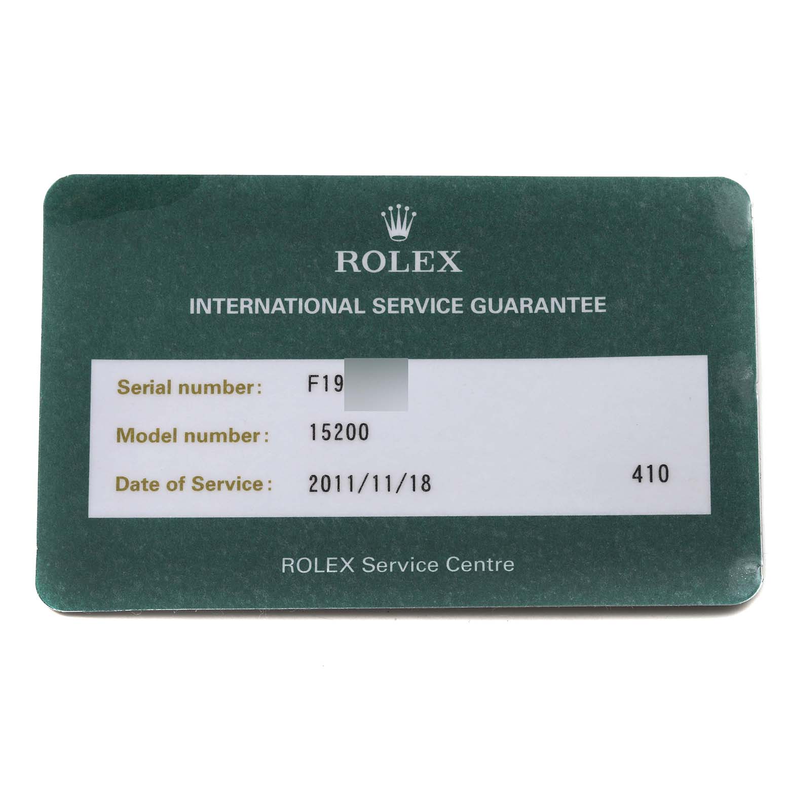 This image shows the International Service Guarantee card for the Rolex Date 15200 Men's Stainless Steel Black Dial 15200 Men's Stainless Steel Black Dial model, reference number 15200.