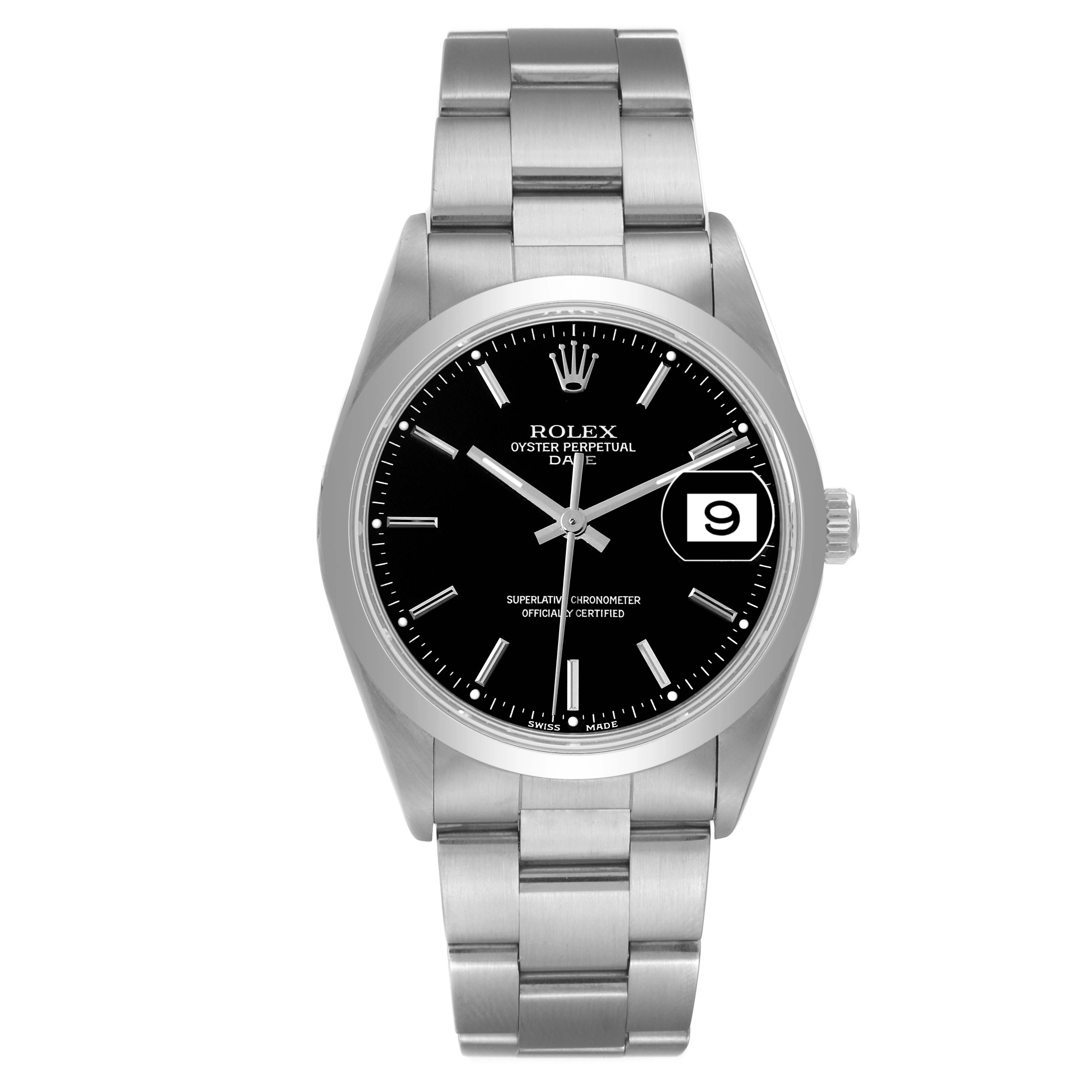 This is a front view of the Rolex Oyster Perpetual Date watch, featuring a stainless steel bracelet and a black dial with a date display.