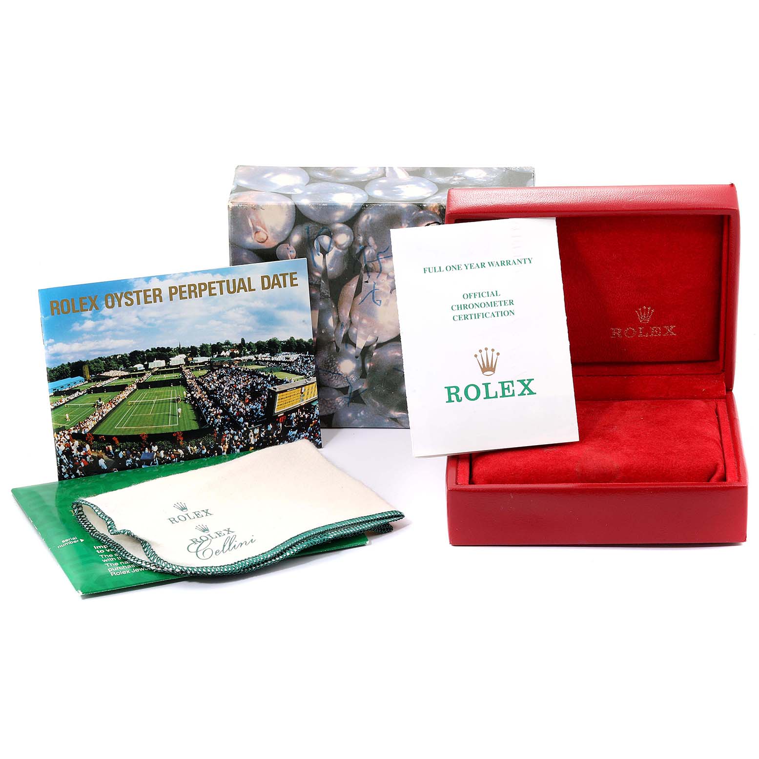 The image shows Rolex Datejust 69240  Women's Stainless Steel Blue Dial 69240  Women's Stainless Steel Blue Dial accessories including a warranty card, instruction booklet, cleaning cloth, and red watch box.