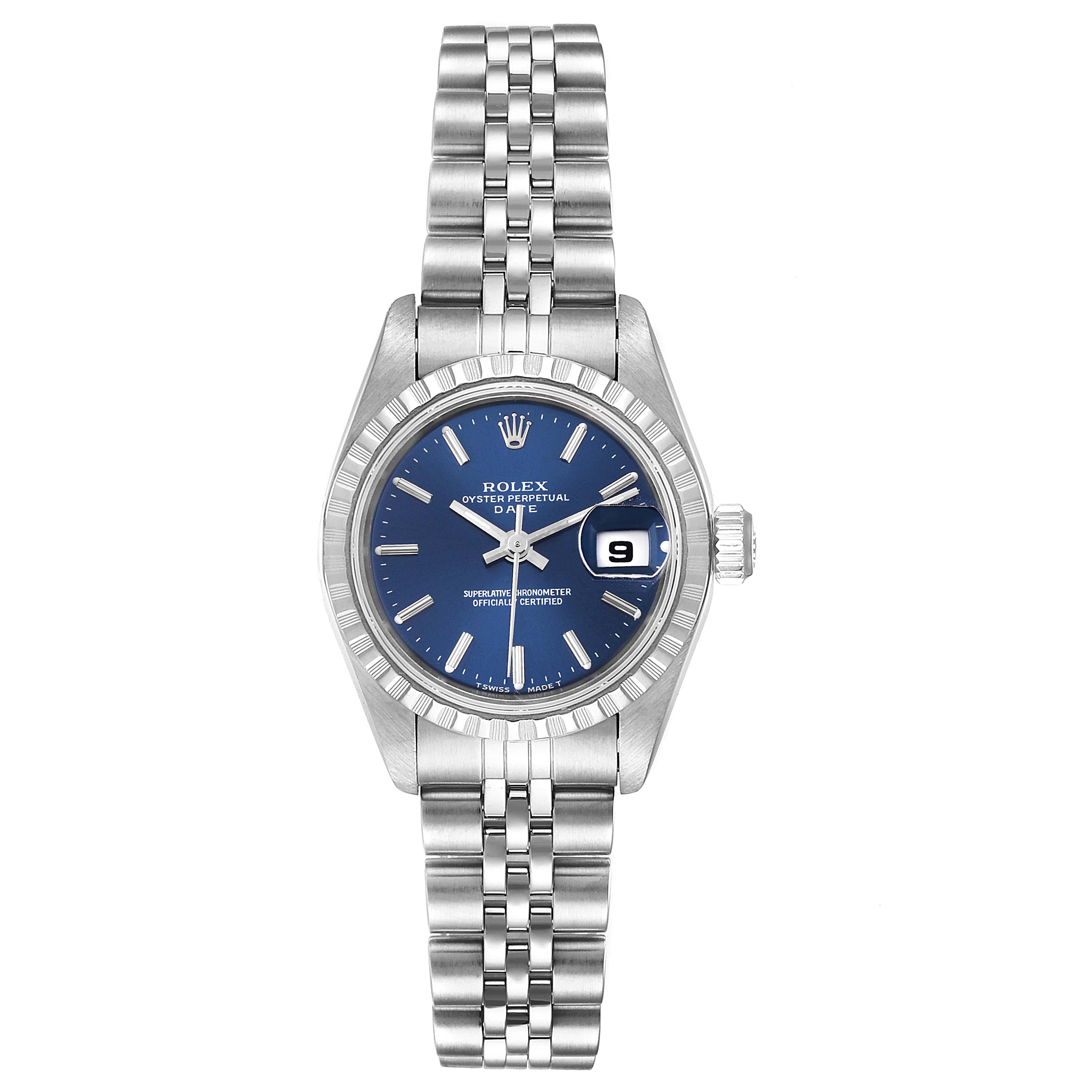 This image shows a Rolex Datejust 69240  Women's Stainless Steel Blue Dial 69240  Women's Stainless Steel Blue Dial watch from a top-down view, highlighting its dial, bracelet, and date window.