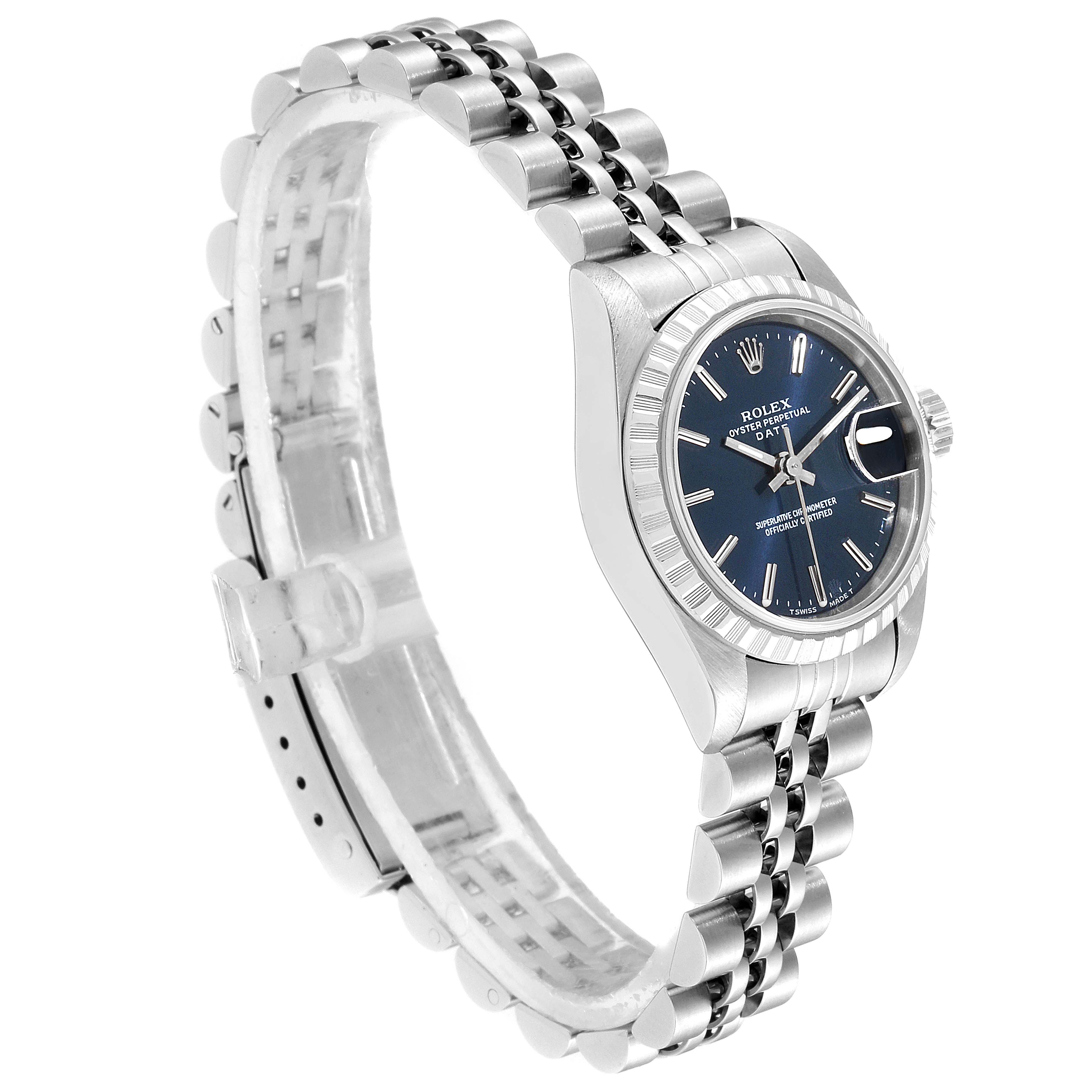 The image shows a side and face view of a Rolex Datejust 69240  Women's Stainless Steel Blue Dial 69240  Women's Stainless Steel Blue Dial watch, highlighting its stainless steel band and blue dial.